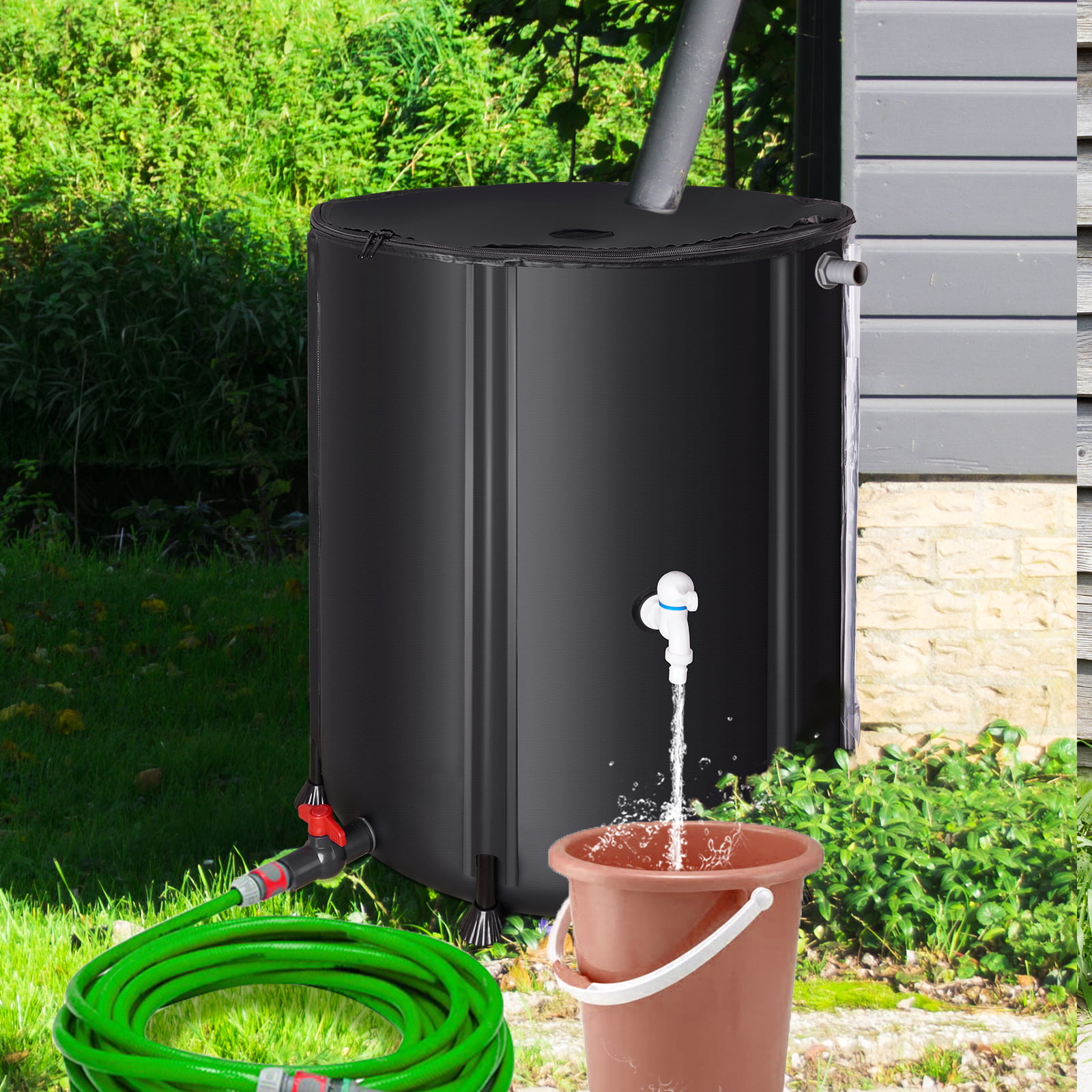 Collapsible Rain Barrel 53 Gallon FIMEI Portable Rainwater Collection Storage Tank with Tick Marks and Filter Spigot. Black