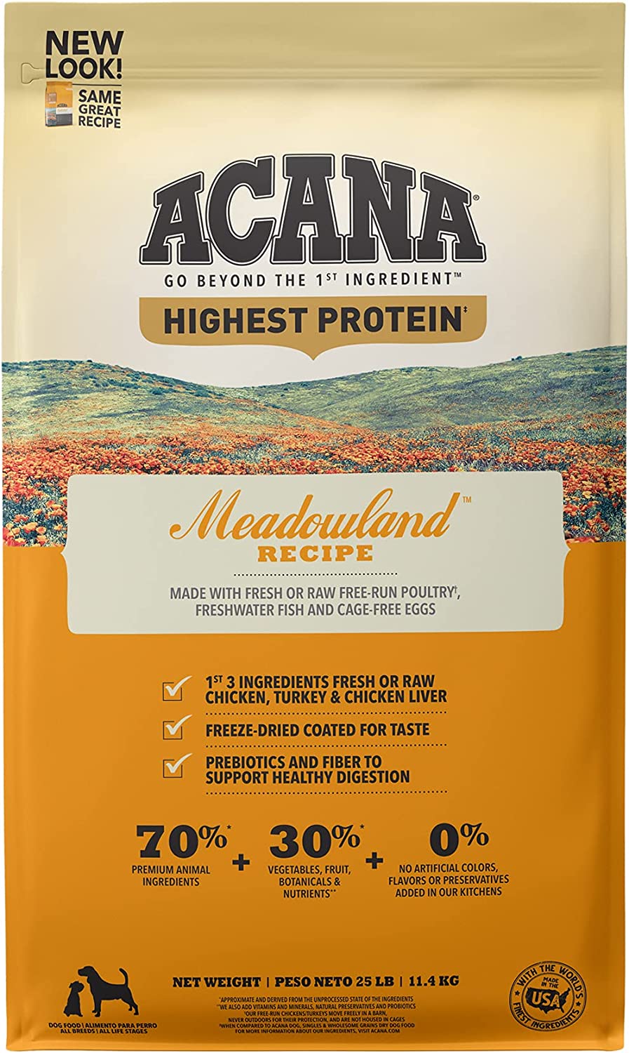 ACANA Highest Protein. Meadowland. Grain Free Dry Dog Food. 25lb