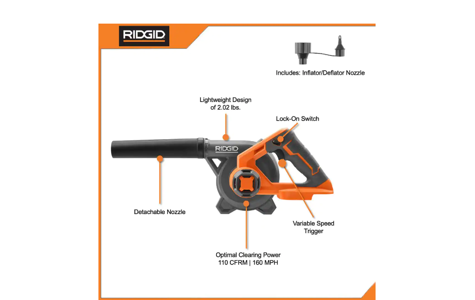 RIDGID R86043B 18V Lithium-Ion Cordless Compact Jobsite Blower with Inflator/Deflator Nozzle