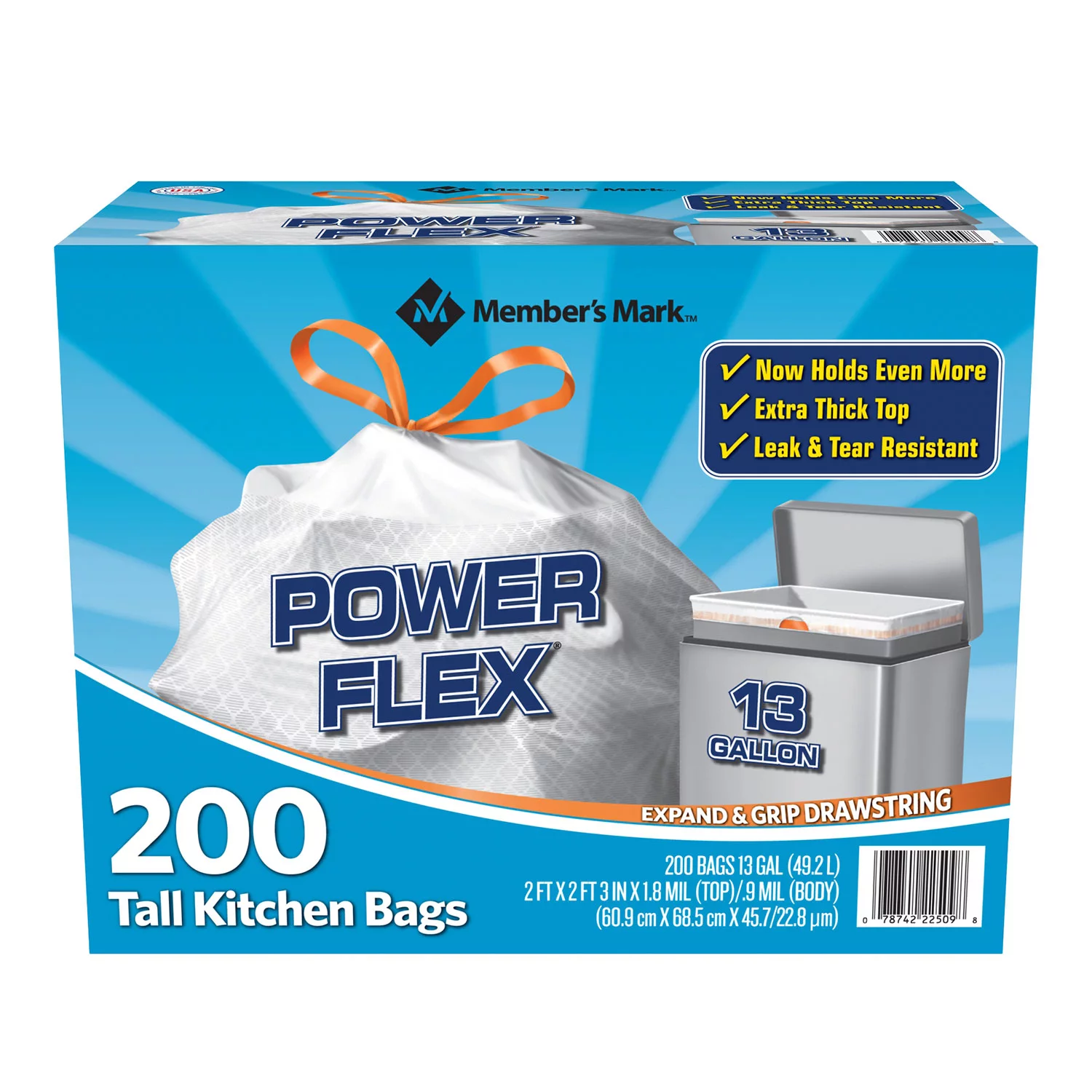 Member-s Mark Power Flex Tall Kitchen Drawstring Trash Bags. Original (13 gal.. 200 ct.)
