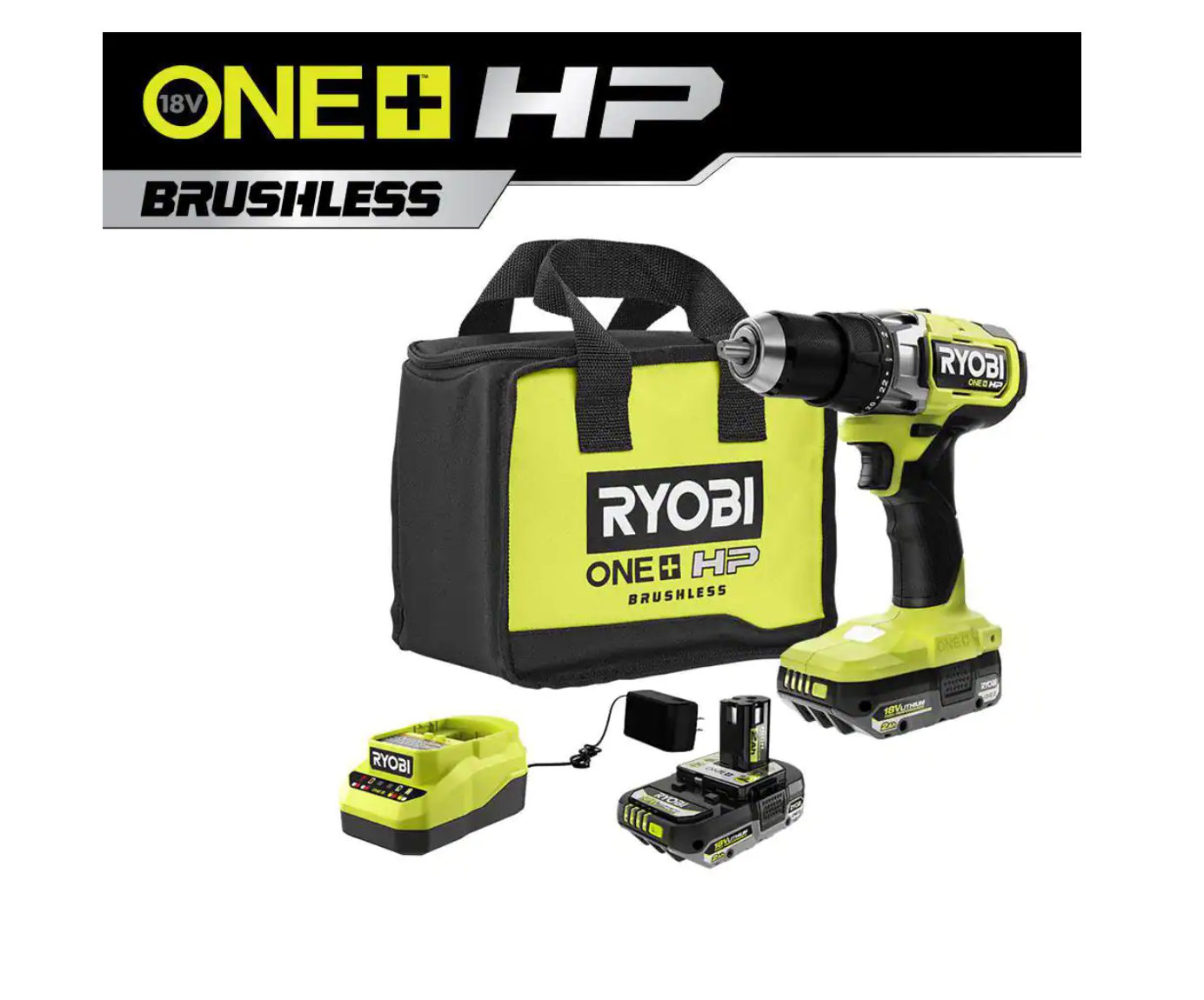 RYOBI PBLDD01K ONE+ HP 18V Brushless Cordless 1/2 in. Drill/Driver Kit with (2) 2.0 Ah HIGH PERFORMANCE Batteries. Charger. and Bag