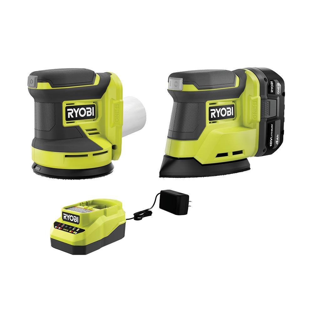 RYOBI PCL416K1-PCL406B ONE+ 18V Cordless 2-Tool Combo Kit with Corner Cat Finish Sander. 5 in. Random Orbit Sander. 4.0 Ah Battery and Charger