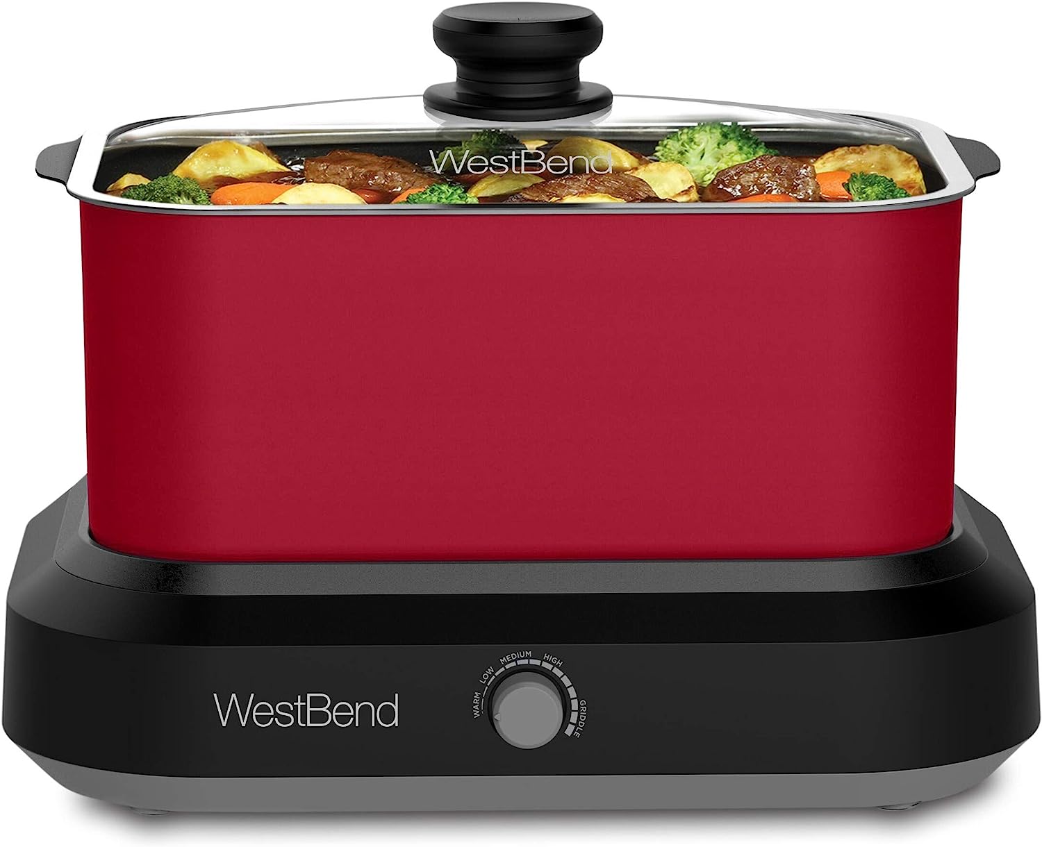 West Bend 87906R Slow Cooker. Large-Capacity Non-Stick Crockpot with Variable Temperature Control. Travel Lid and Thermal Carrying Case. 6 Qt. Red