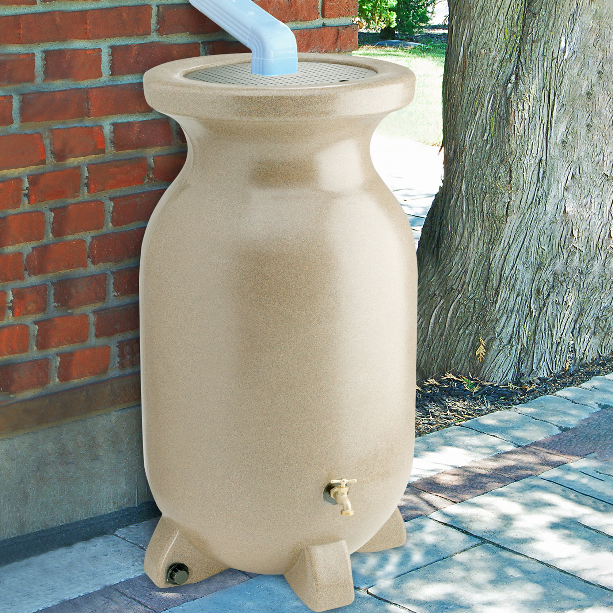 Koolscapes Stone-Look Rain Barrel. 75 gal (285L). Beige. Rustproof Debris Screen. Overflow Spout. Brass Spigot with Standard Hose Threading. for Eco-Friendly Gardening and Water Conservation