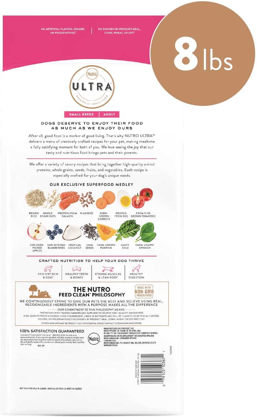 NUTRO ULTRA Adult Weight Management High Protein Natural Small Breed Dry Dog Food for Weight Contol with a Trio of Proteins from Chicken. Lamb and Salmon. 8 lb. Bag