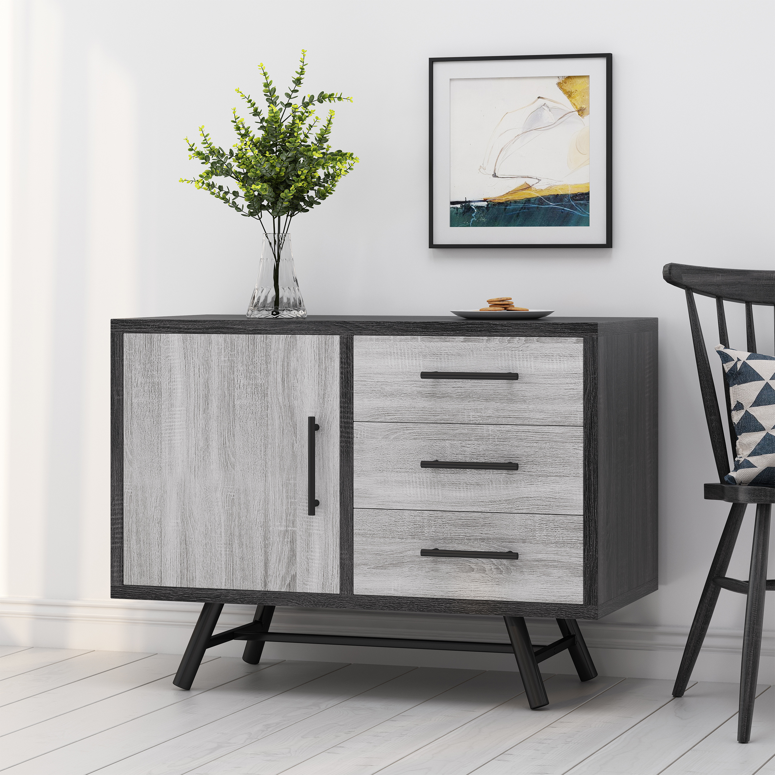 GDF Studio Bokchito Modern Industrial Sideboard. Sonoma Oak. Gray Oak. and Black