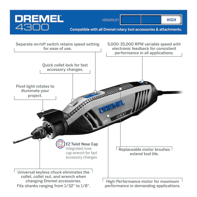 Dremel  4300 47-Piece Variable Speed Corded 1.8-Amp Multipurpose Rotary Tool with Hard Case