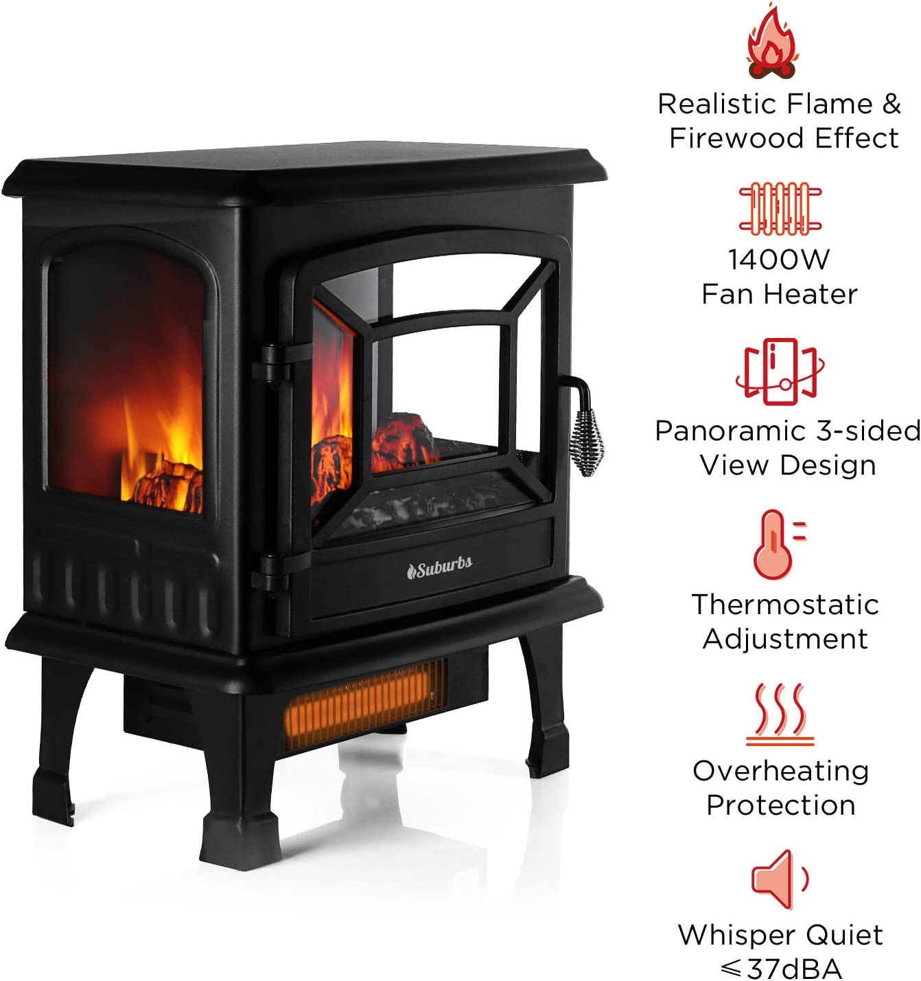 TURBRO Suburbs TS20 Electric Fireplace Infrared Heater. 20″ Freestanding Fireplace Stove with Realistic Dancing Flame Effect - CSA Certified - Overheating Safety Protection - Easy to Assemble - 1400W