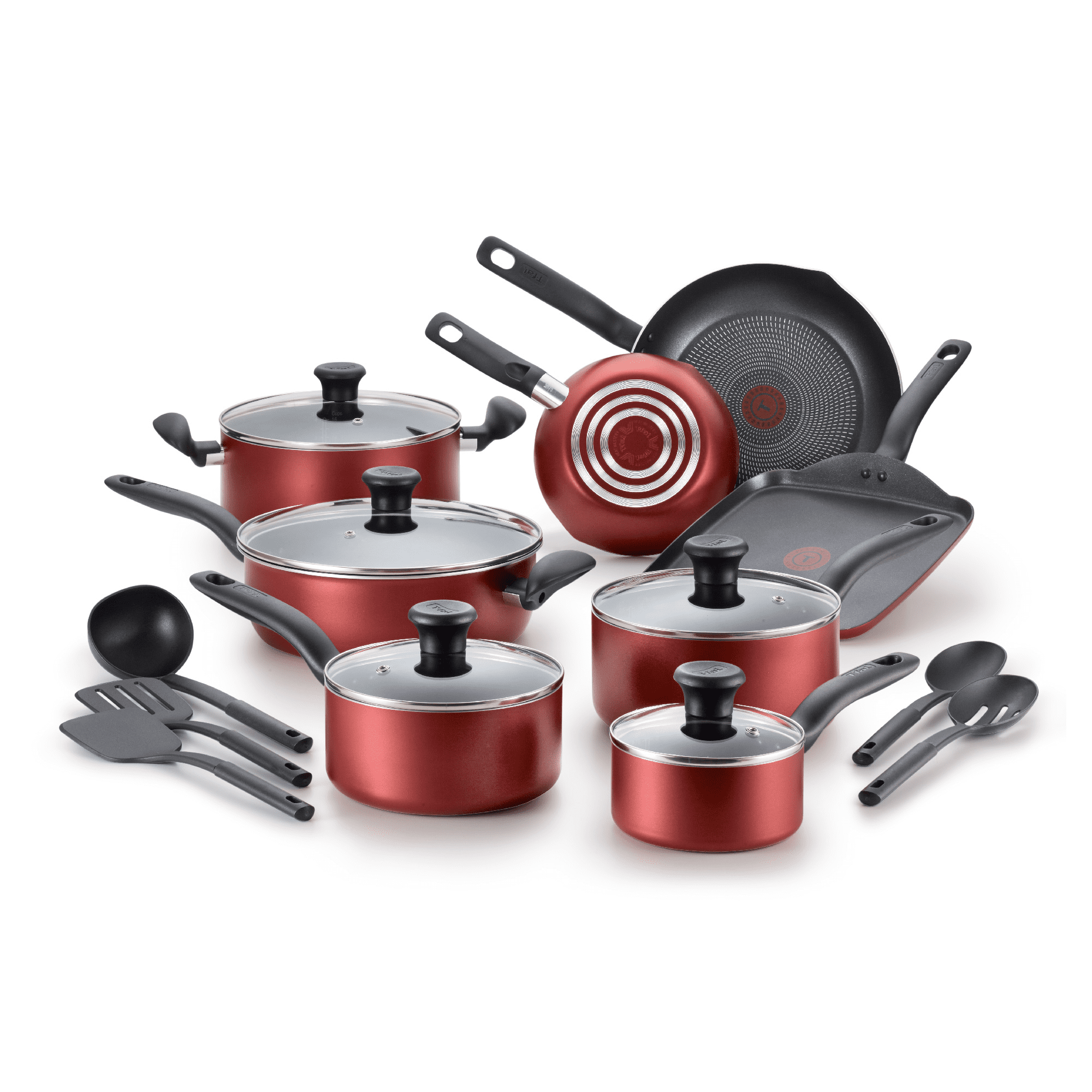 T-fal Initiatives Nonstick Cookware. 18 piece Set. Red. B209SI64