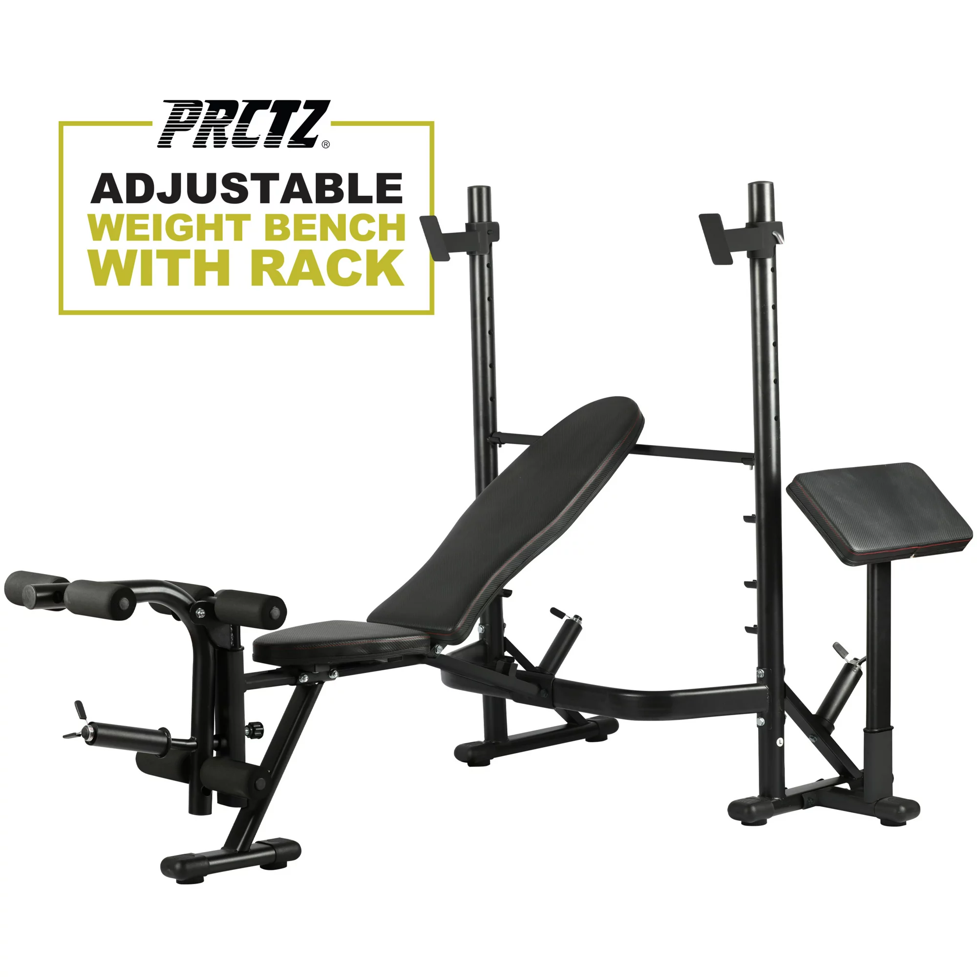 PRCTZ Adjustable Weight Bench with Olympic Squat Rack. Arm and Leg Developer with Preacher Pad. 620 Lb. Weight Limit for bench. 1000 Lb. Weight Limit for Olympic Squat Rack