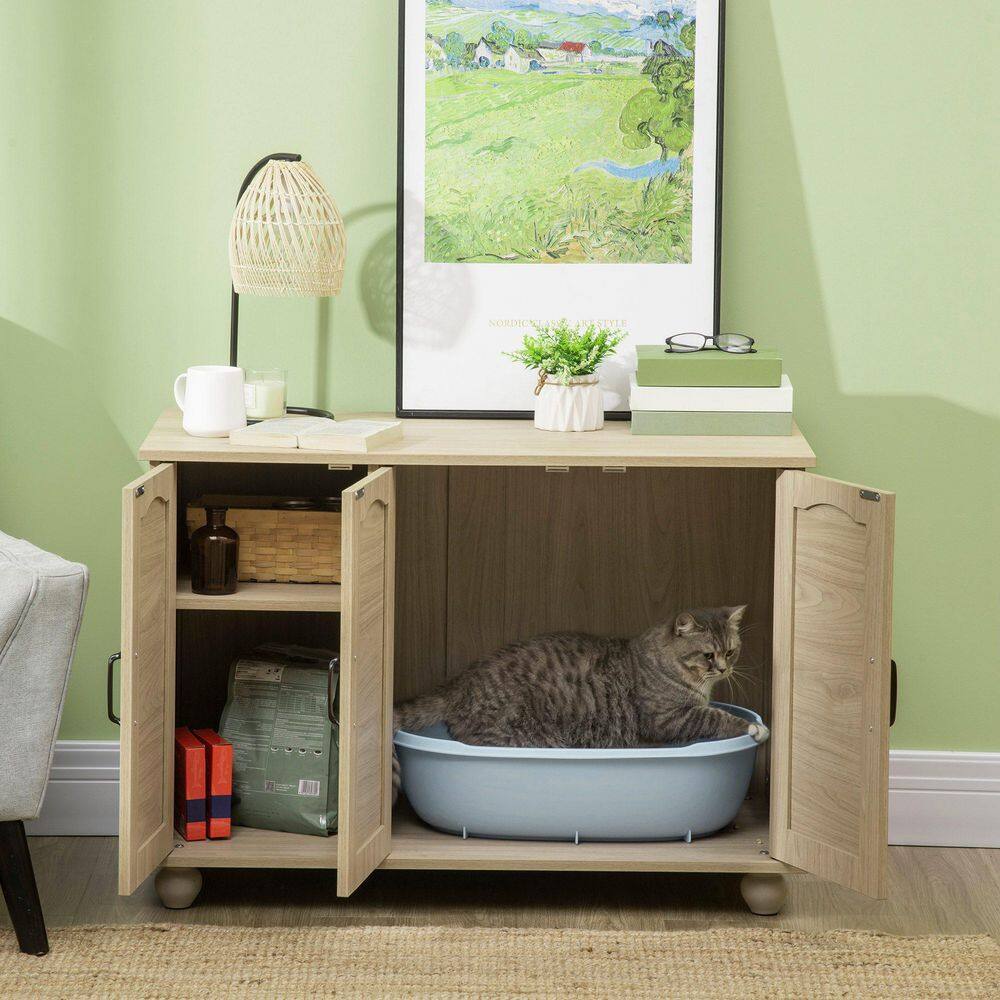 PawHut D31-058V80AK 39 in. x 21 in. x 27 in. Indoor Oak Wooden/Rattan Cat Litter Box Enclosure. Hidden Cat Washroom with Soft Cushion