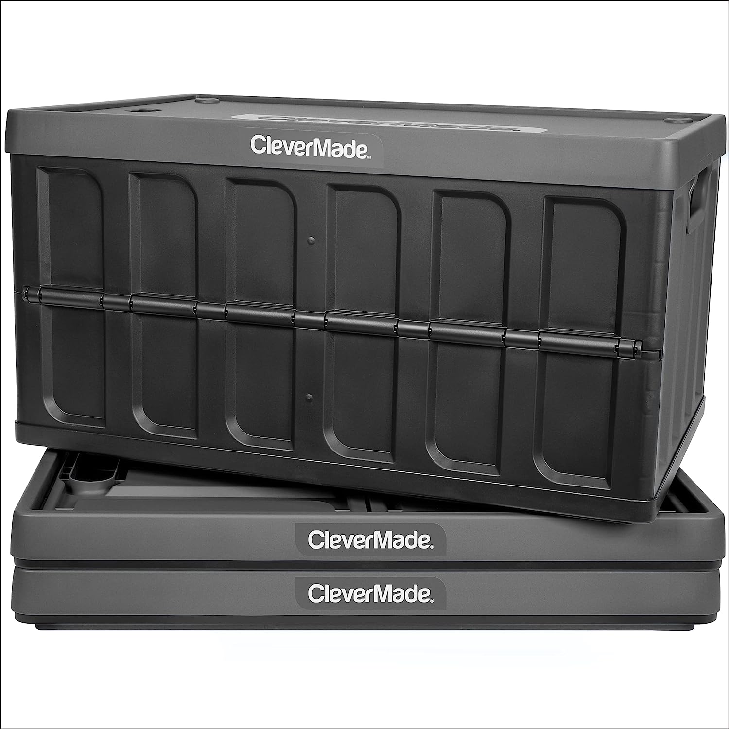 CleverMade 62L Collapsible Storage Bins with Lids - Folding Plastic Stackable Utility Crates. Solid Wall CleverCrates. 3 Pack. Charcoal (8034119-1533PK)