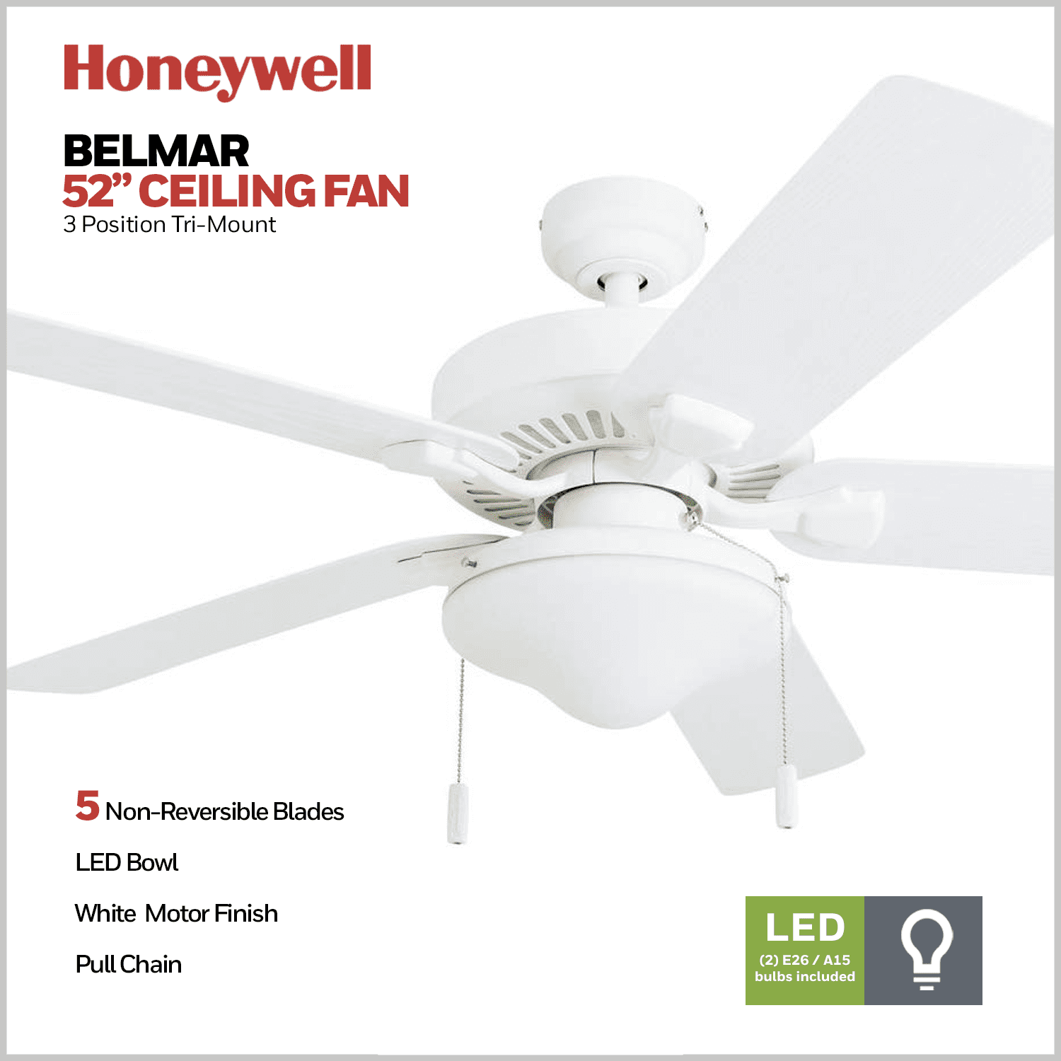 Honeywell Belmar 52″ White Indoor/Outdoor Ceiling Fan with 5 Blades. Light Kit. Pull Chains & Reverse Airflow