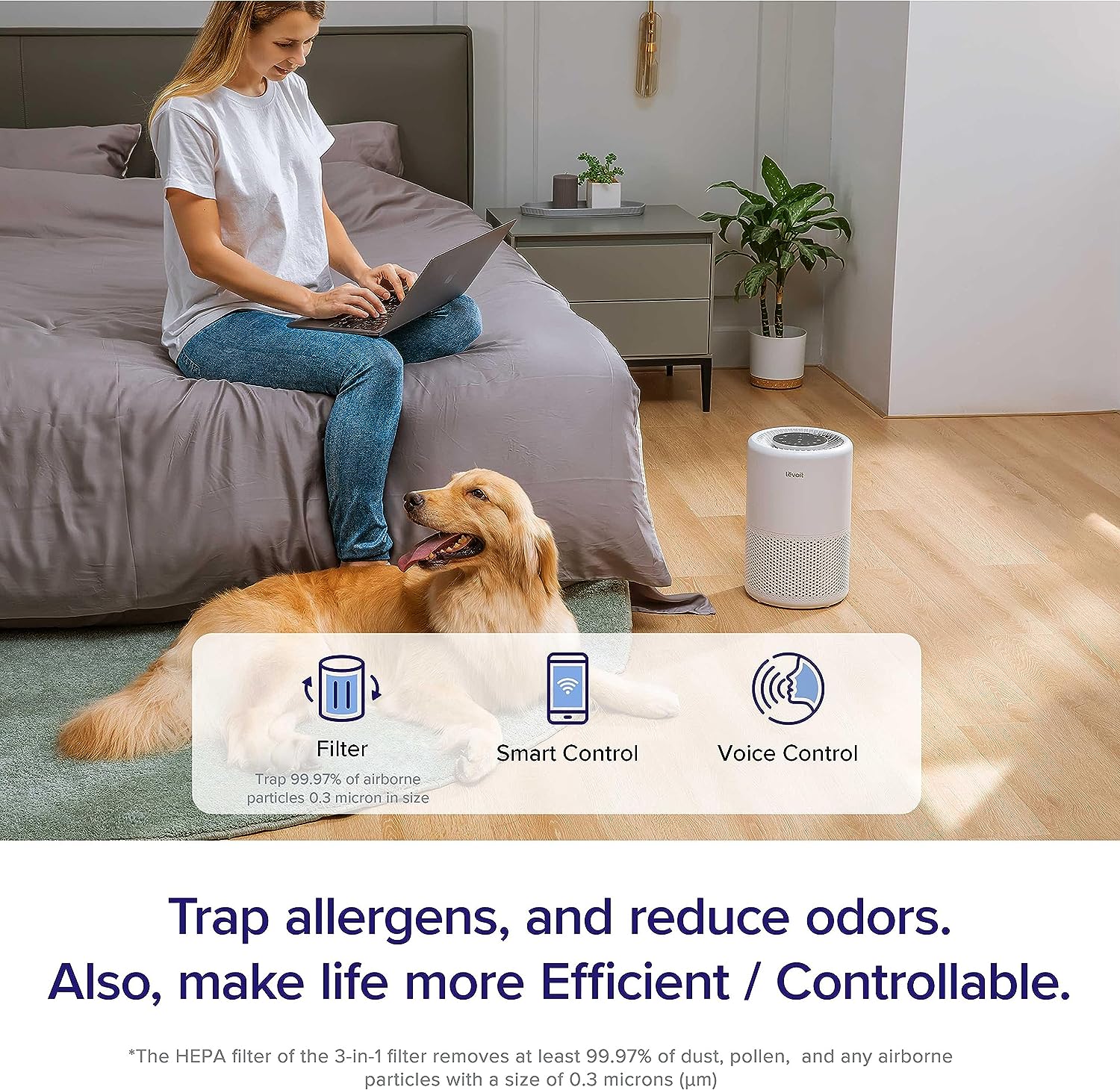 LEVOIT Air Purifier for Home Large Room. Smart WiFi Alexa Control. HEPA Filter for Allergies. Removes Pollutants. Smoke. Dust. Covers up to 915 Sq.Foot. 24dB Quiet for Bedroom. Core 200S. White
