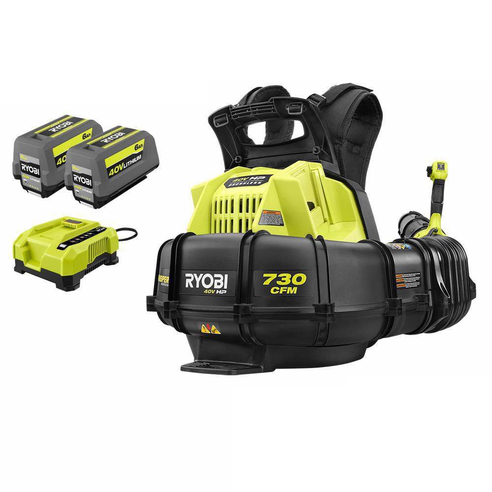RYOBI RY404170 40V HP Brushless Whisper Series 165 MPH 730 CFM Cordless Battery Backpack Blower with (2) 6.0 Ah Batteries and Charger