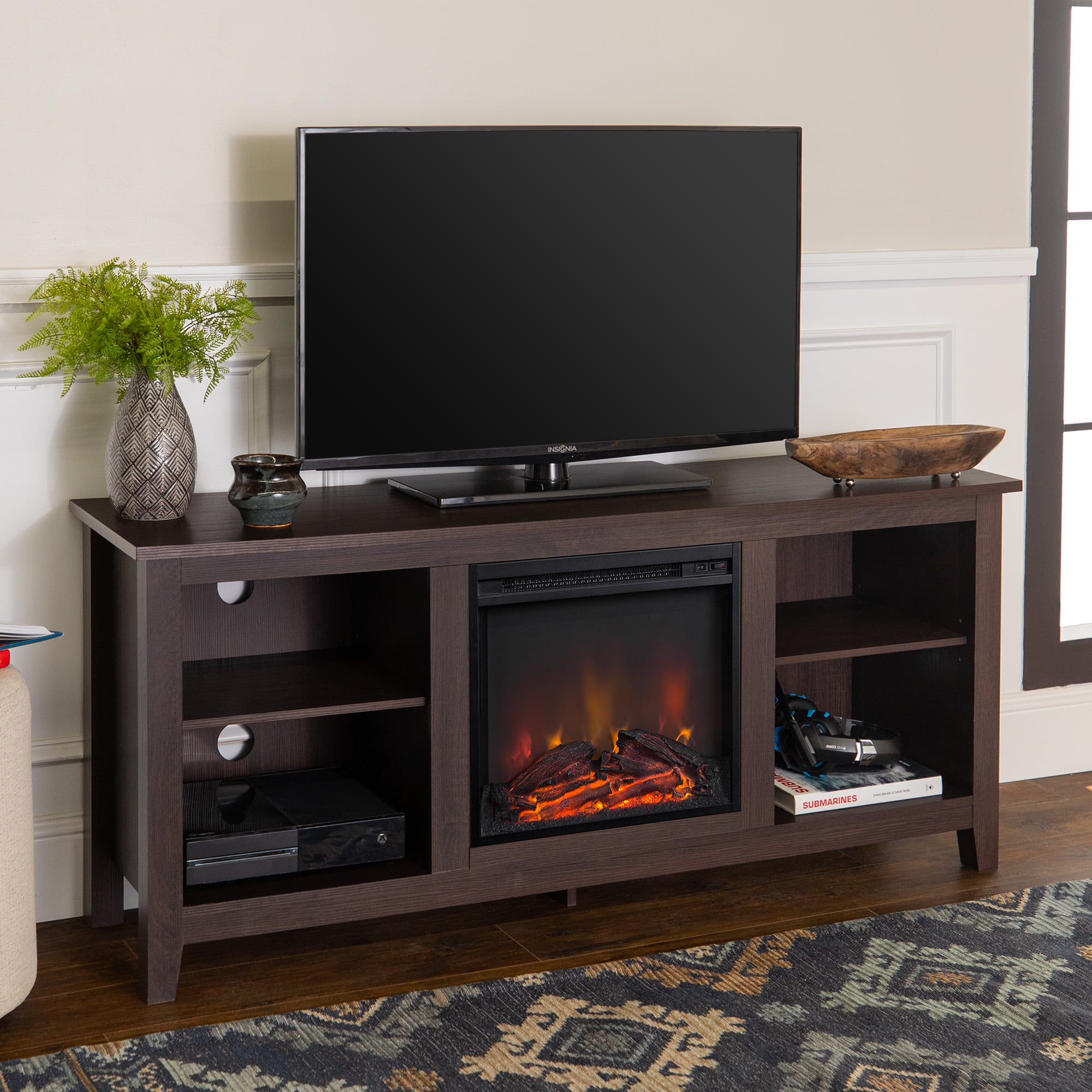 Walker Edison Traditional Fireplace TV Stand for TVs up to 64″ - Espresso
