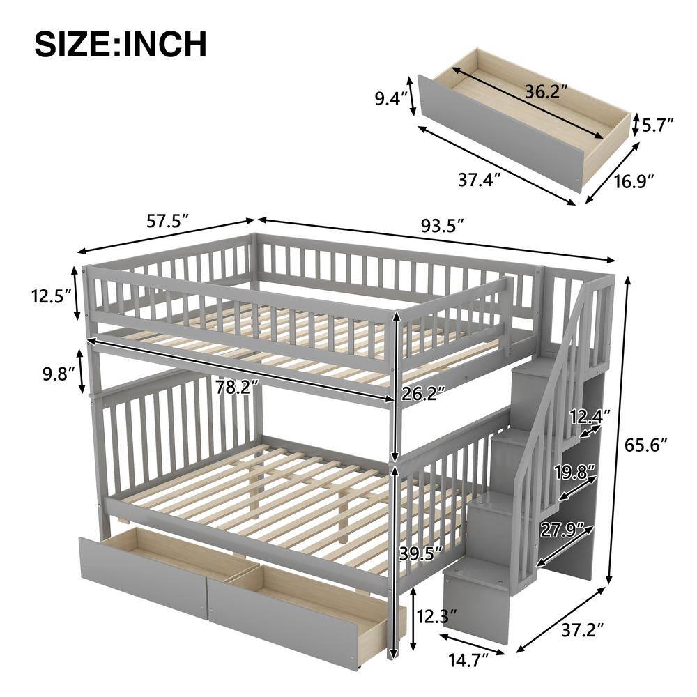 Harper & Bright Designs  Classic Gray Full over Full Bunk Bed with 2 Drawers and Storage Staircase