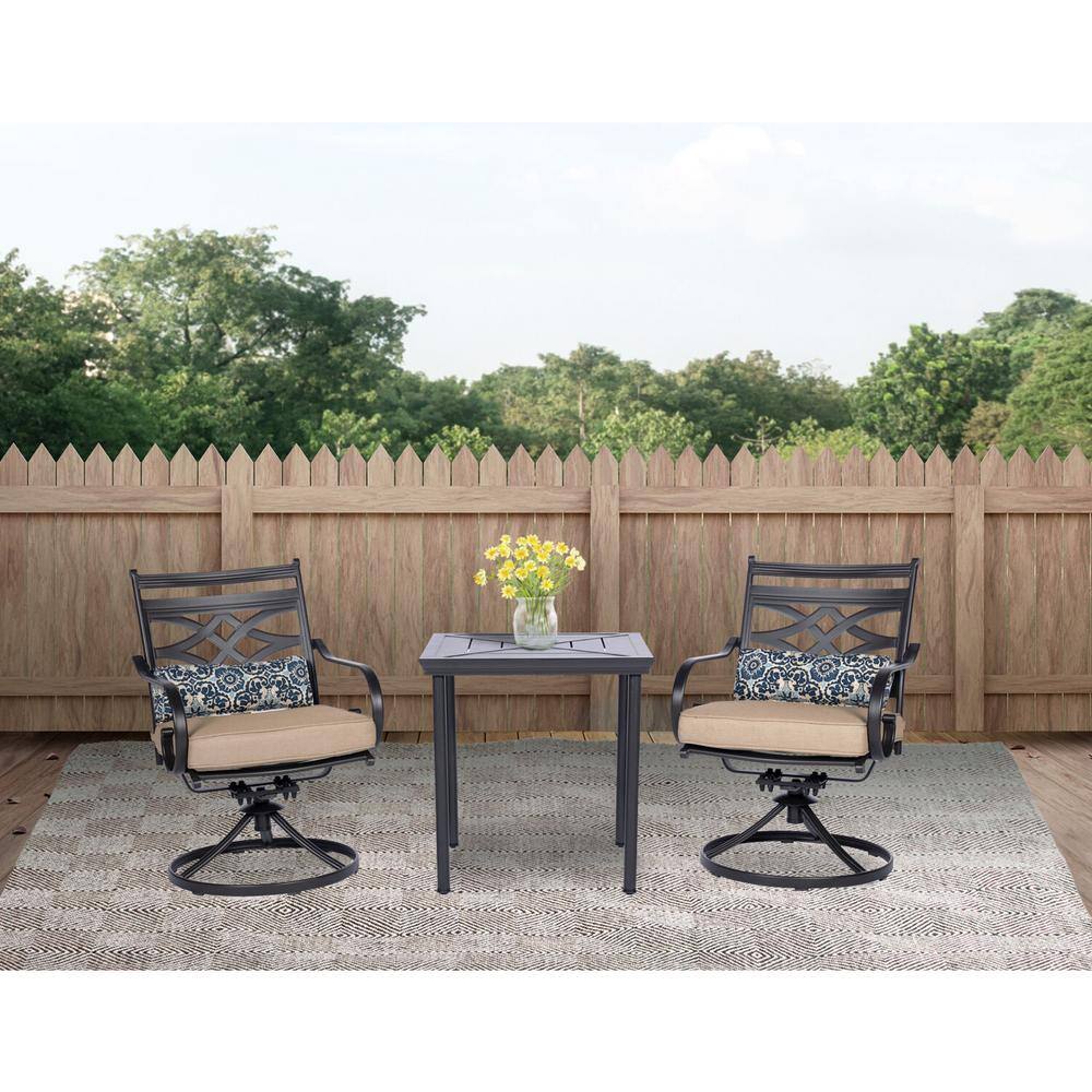 Hanover  Montclair 3-Piece Steel Outdoor Bistro Set with Tan Cushions. 2 Swivel Rockers and 27 in. Table