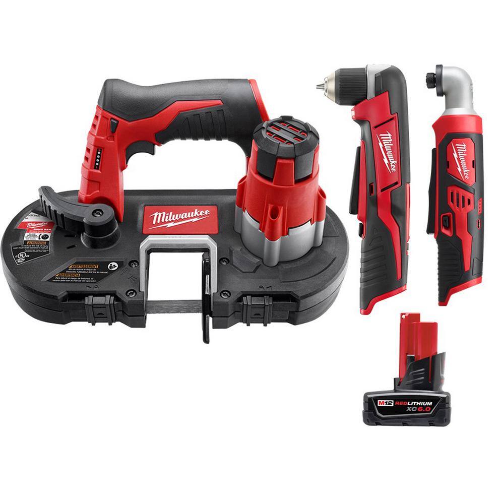 Milwaukee 2429-20-2415-20-2467-20-48-11-2460 M12 12V Li-Ion Cordless Band Saw w/3/8 in. Right Angle Drill. 1/4 in. Right Angle Hex Impact Driver & 6.0Ah Battery