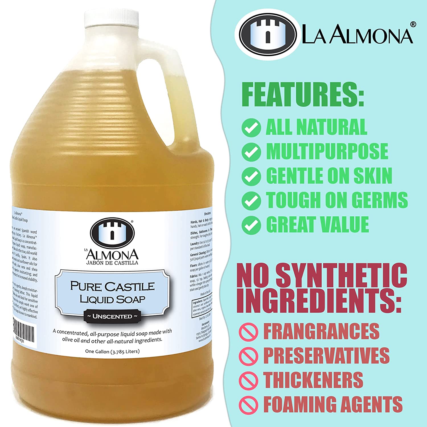 La Almona - Pure Castile Liquid Soap. UNSCENTED. 1 Gallon