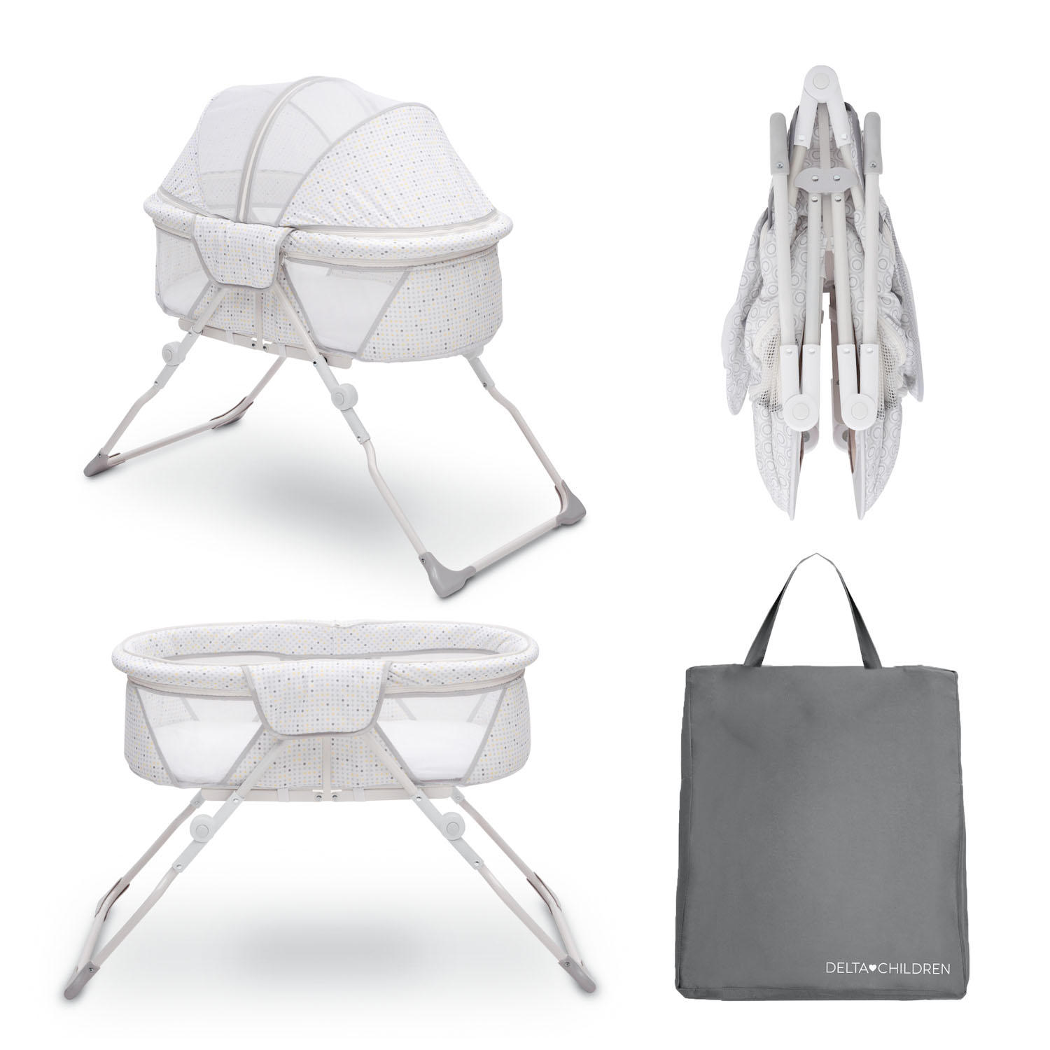 Delta Children EZ Fold Ultra Compact Travel Bassinet. Mirage. White Gray