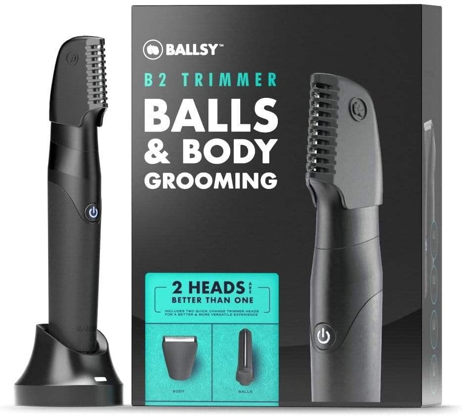 Ballsy B2 Groin & Body Trimmer for Men. Includes 2 Quick Change Heads. Waterproof. Cordless Charging Base for The Ultimate Close Shave