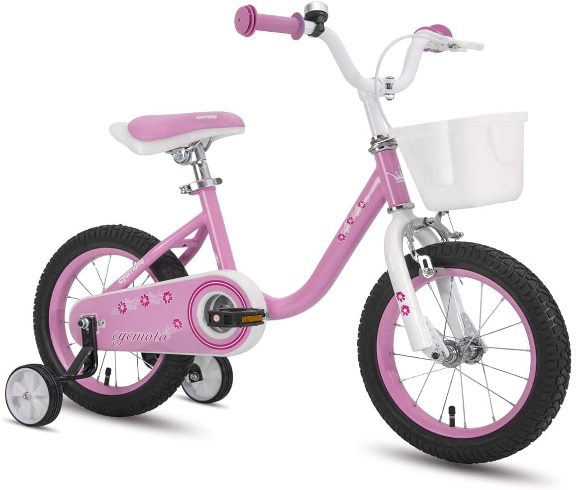 CYCMOTO Girls Bike for 3-9 Years Old Kids 14 16 Kids Bike with Training Wheels. Basket. and Hand Brake Color Blue Pink Purple