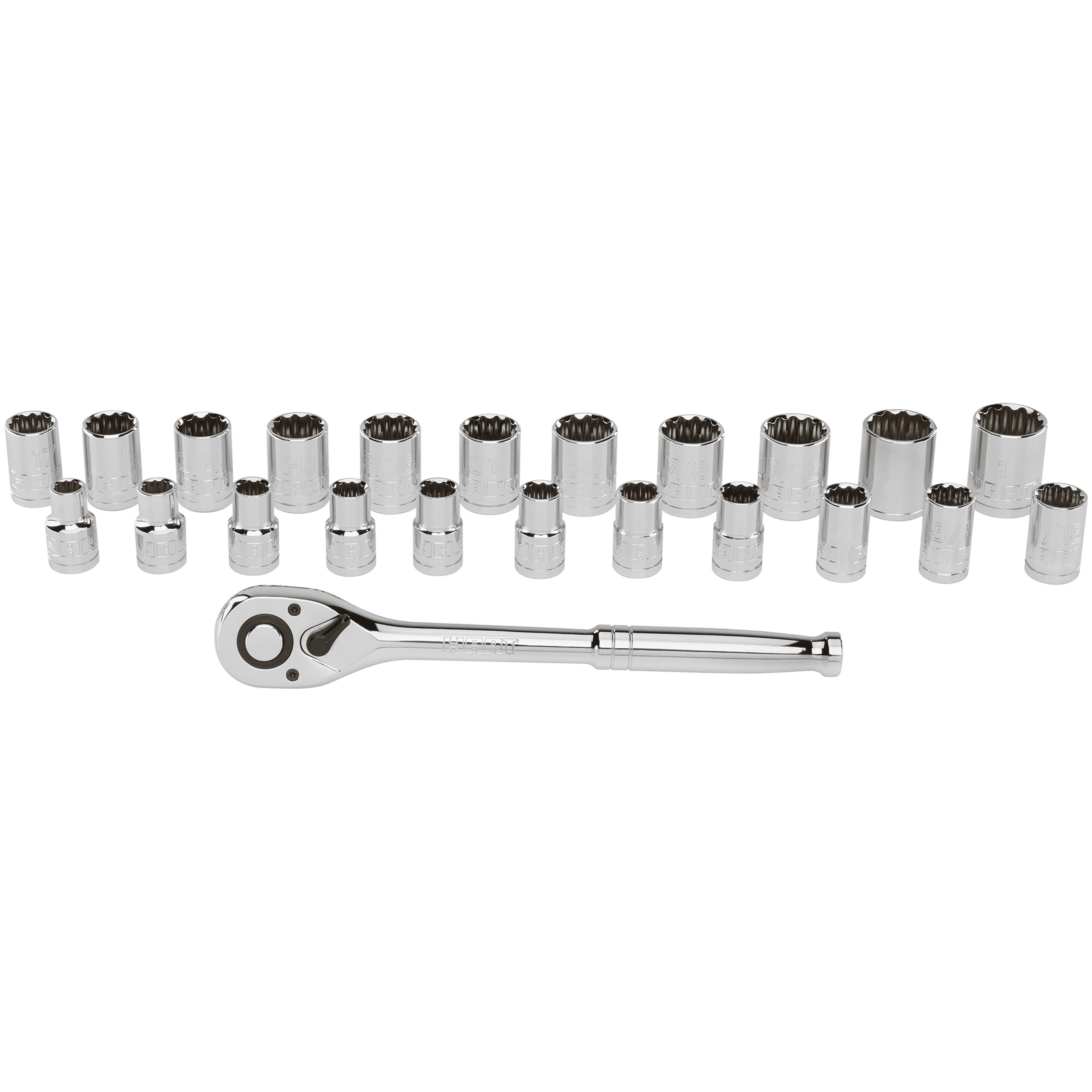 HART 23-Piece 1/2-Inch Drive Mechanics Set with Socket Wrench Ratchet and Sets. Chrome Finish
