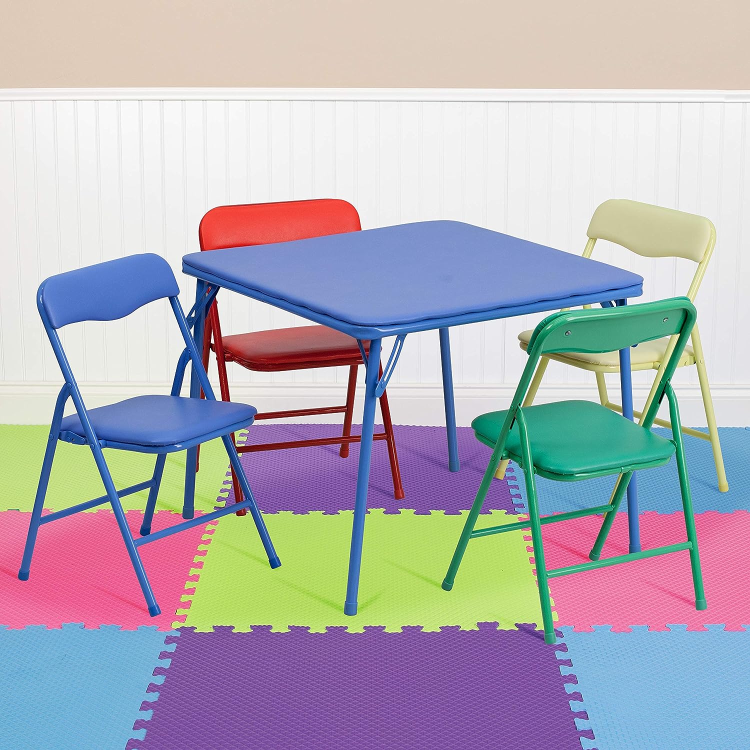 Flash Furniture Mindy Kids Colorful Folding Table and Chair Set. Blue. 5 Piece