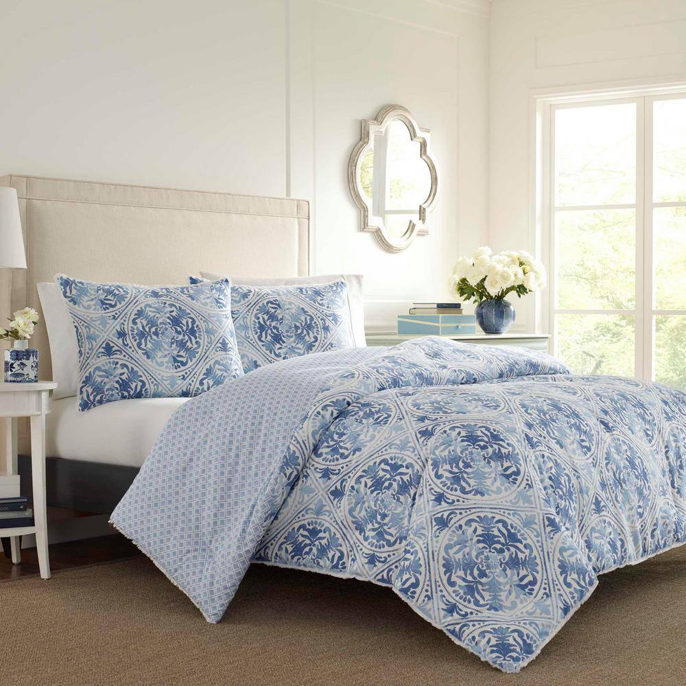 Laura Ashley  Mila 3-Piece Blue Floral Cotton King Comforter Set