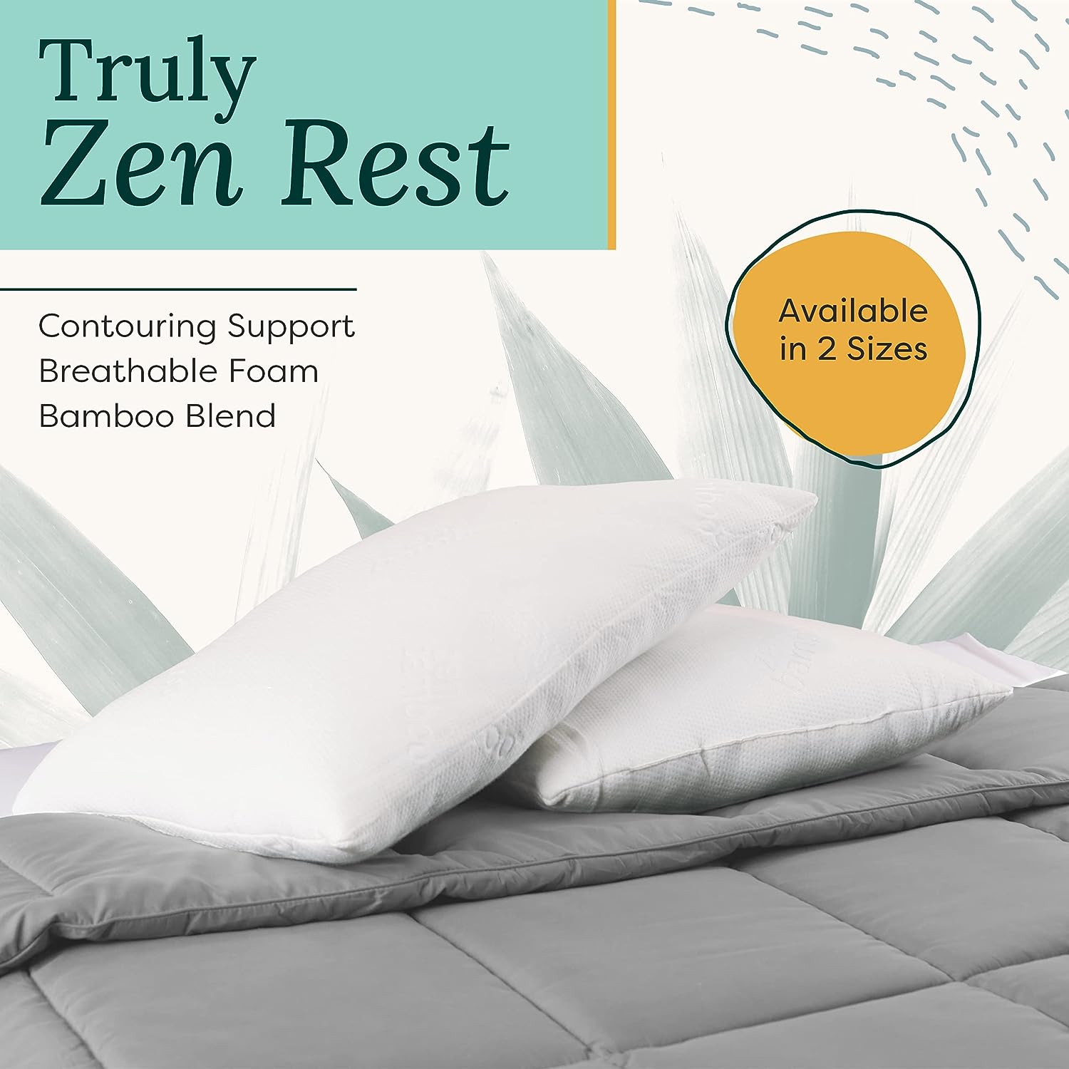 Zen Bamboo Cooling Pillows for Sleeping - Premium Allergy-Friendly Bed Pillow Cool & Breathable Bamboo Cover - Reduces Neck Pain - Queen Size Set of 2