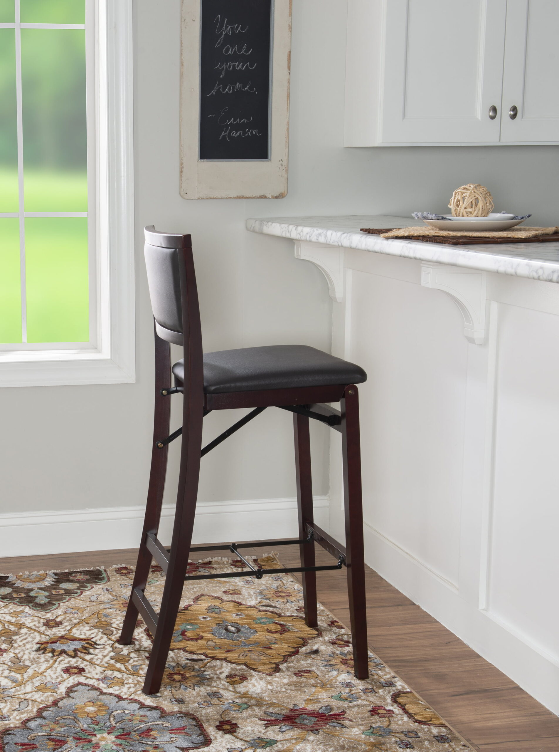 Linon Triena 30″ Folding Padded Back Bar Stool. Espresso with Dark Brown Faux Leather