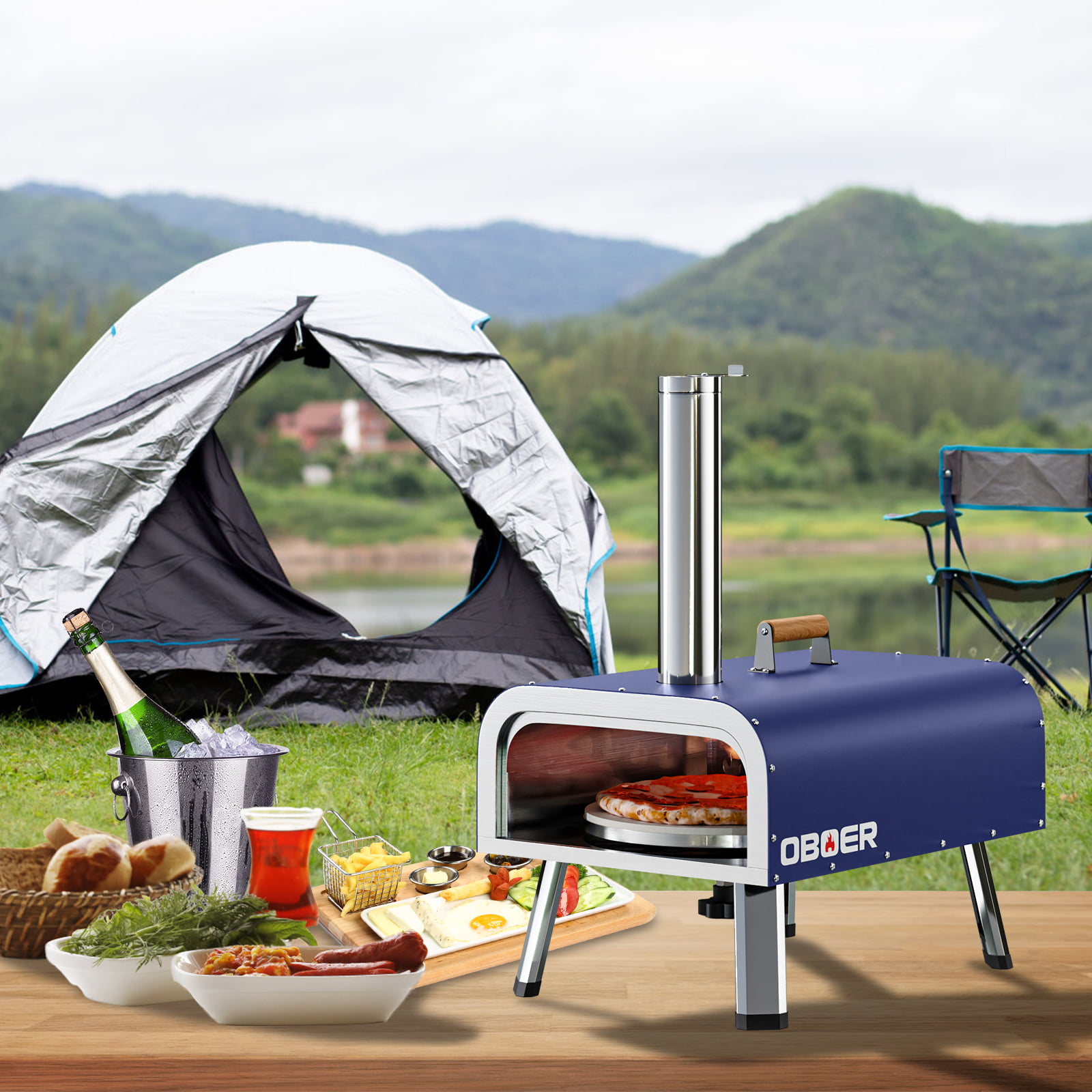 NAIZEA Outdoor Pizza Oven. Wood Fire Stainless Steel Pizza Grill. with Pizza Stone. Pizza Peel. Fold-up Legs. Cover(Blue)