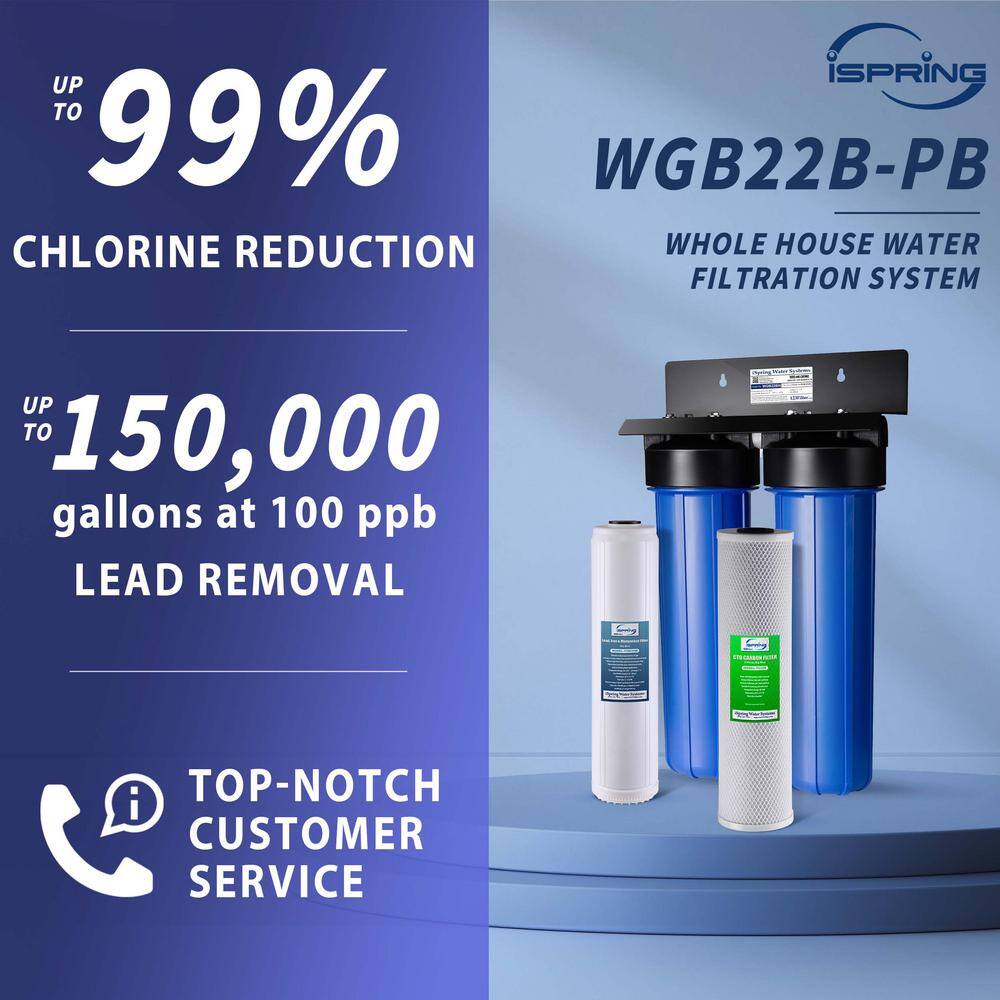 ISPRING WGB22B-PB Whole House Water Filter System w/ Carbon Block Filter and Lead Reducing Filter. 2-Stage. Up to 100k Gal. Capacity