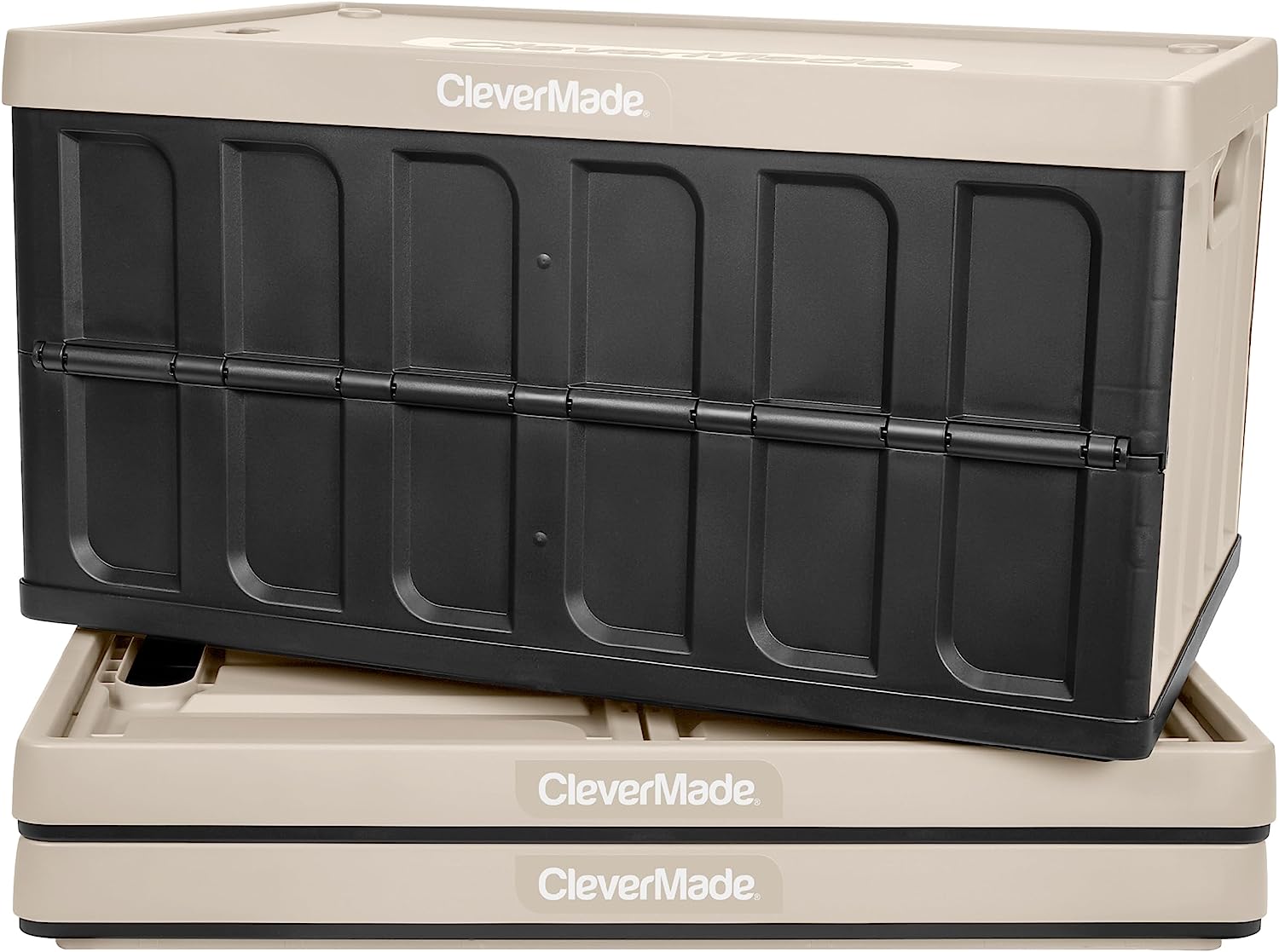 CleverMade 62L Collapsible Storage Bins with Lids - Folding Plastic Stackable Utility Crates. Solid Wall 3 Pack. Tan