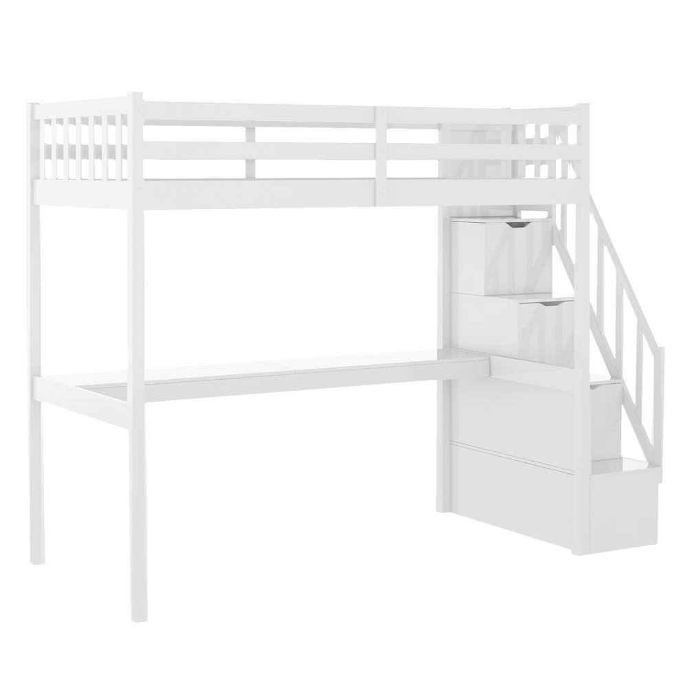 Harper & Bright Designs  White Twin Size Wooden Loft Bed with Built in Desk and Staircase