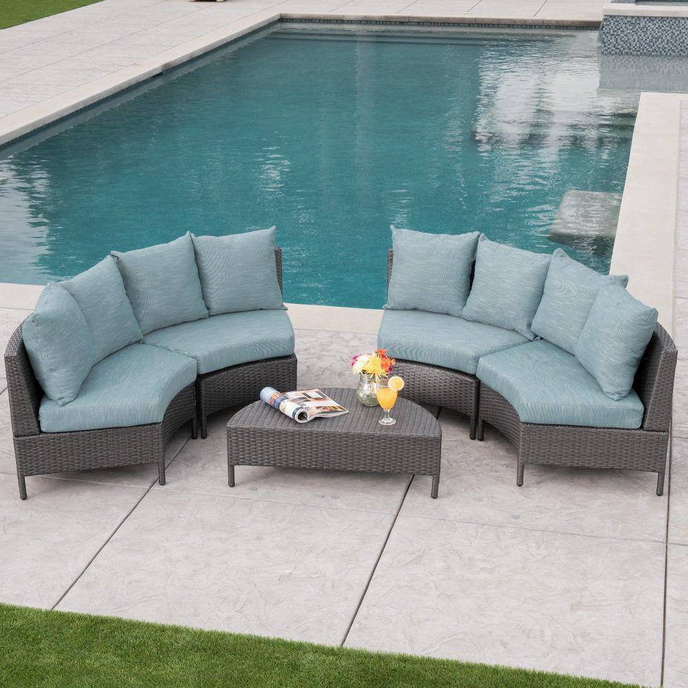 Noble House  5-Piece Wicker Patio Sectional Seating Set with Teal Cushions