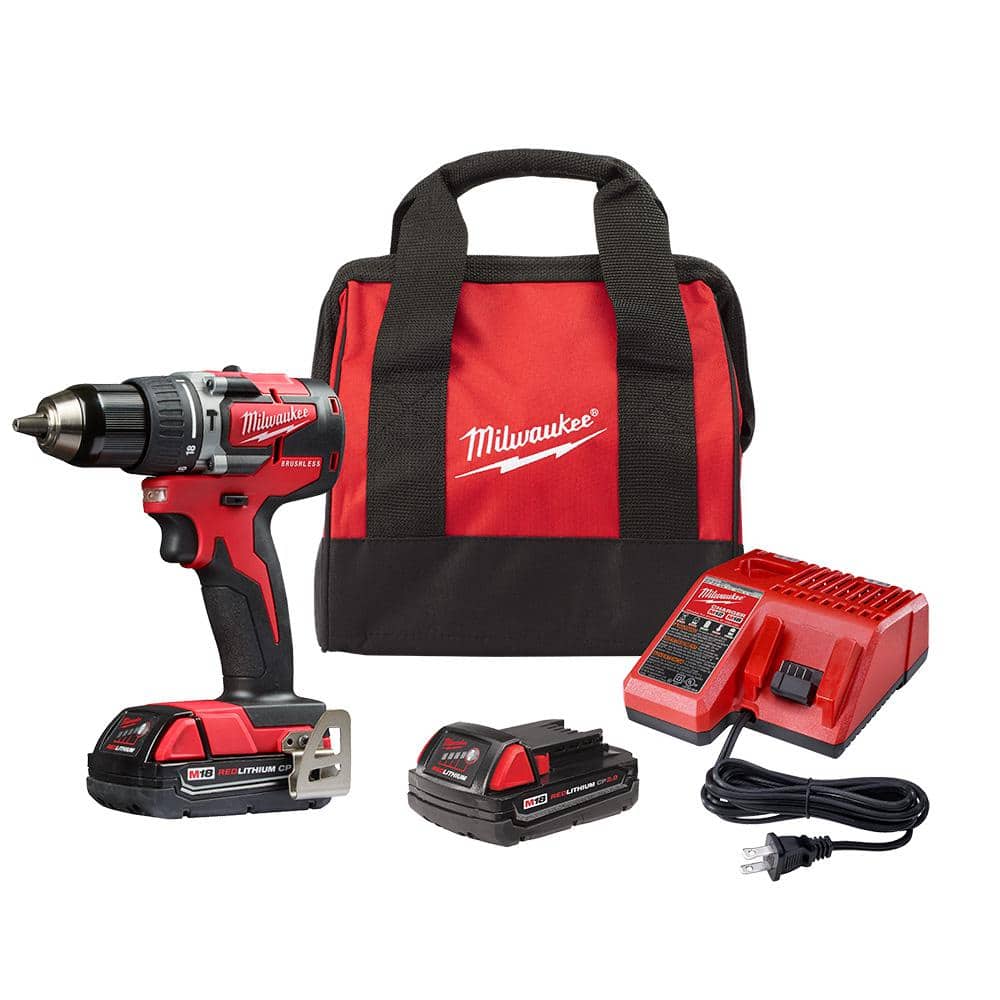Milwaukee 2802-22CT M18 18V Lithium-Ion Brushless Cordless 1/2 in. Compact Hammer Drill/Driver Kit with 2 Batteries. Charger and Case