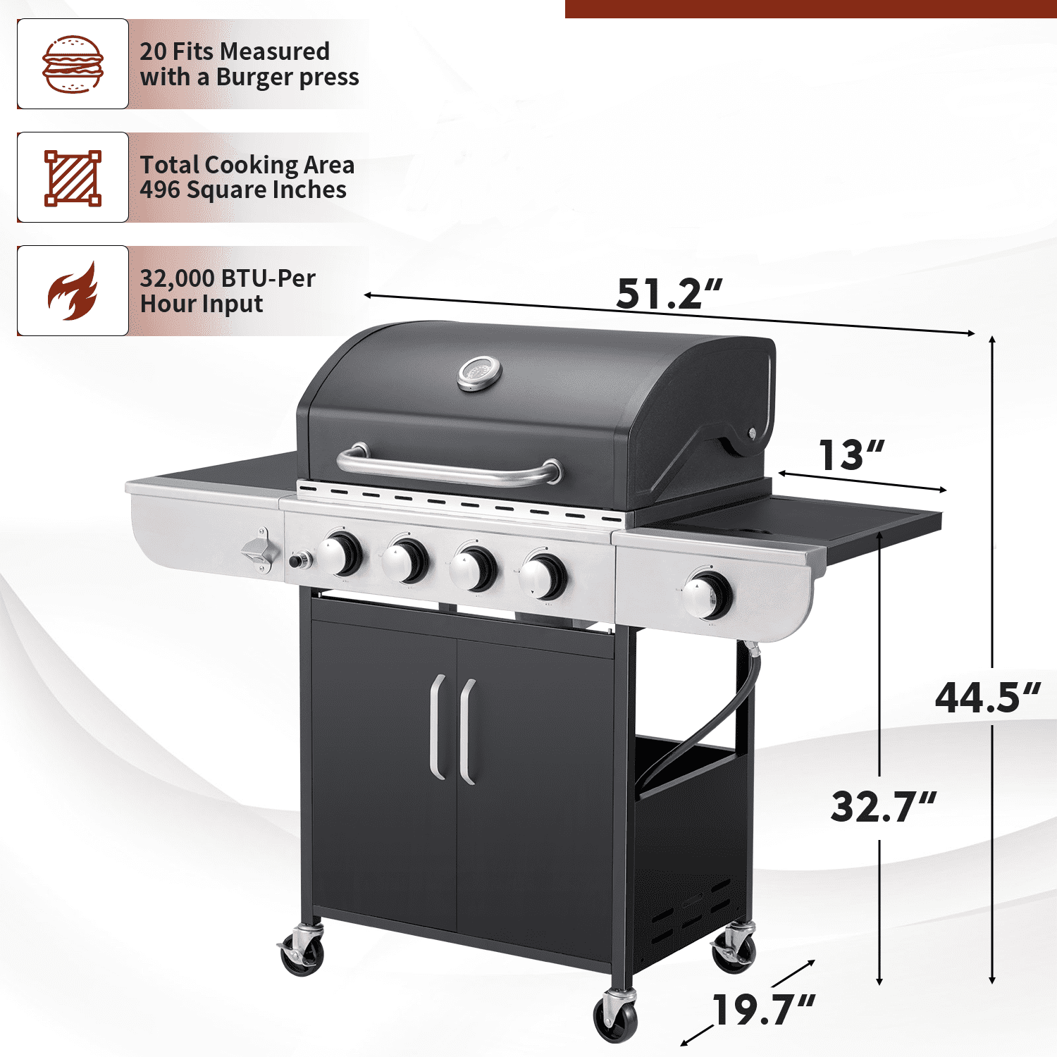 Yoleny 4 Burner BBQ Propane Gas Grill .24.000/36.000 BTU Stainless Steel with Stove and Side Table