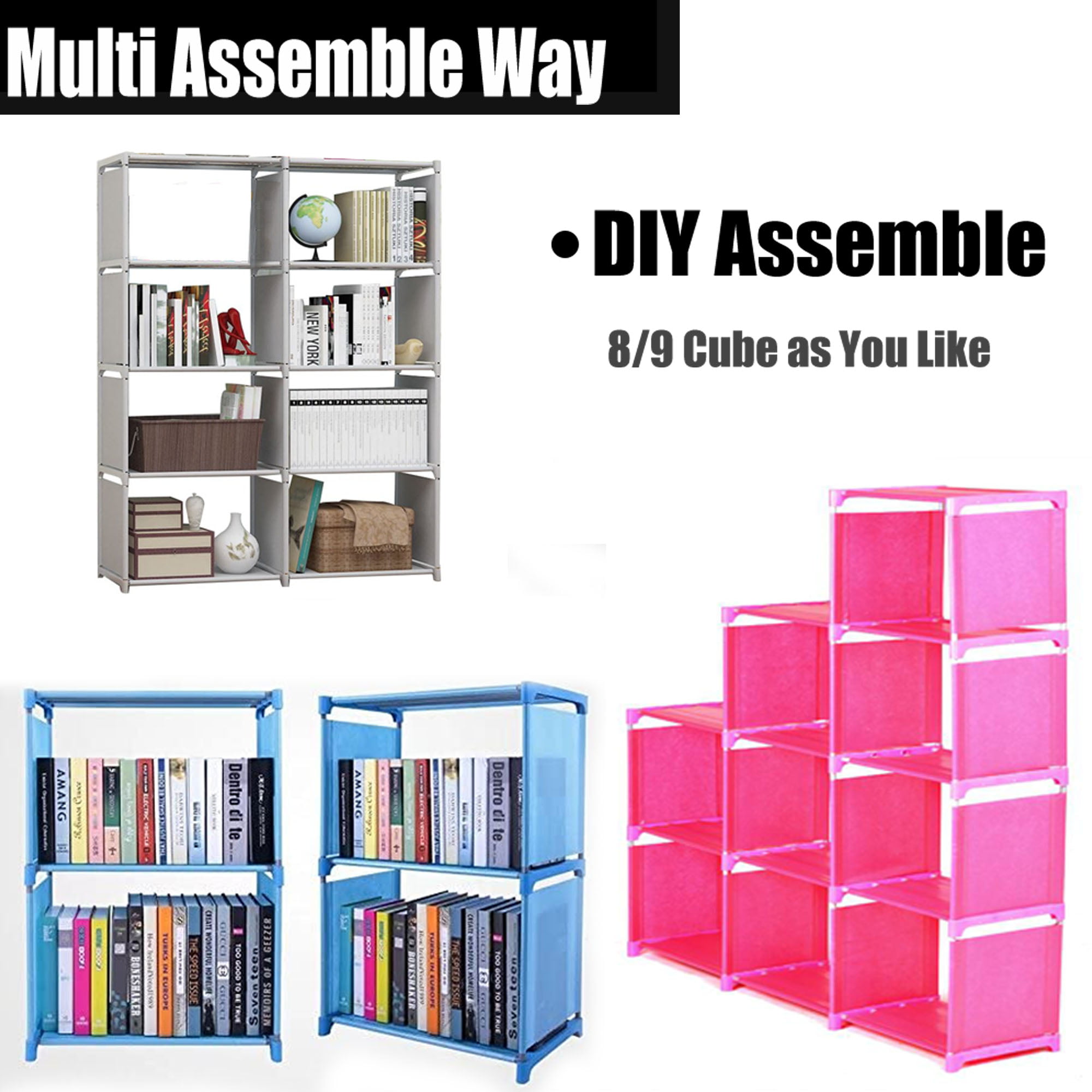 Kid Adjustable Bookcase Storage Bookshelf with 9 Cube Book Shelves For Kids Adult. Blue