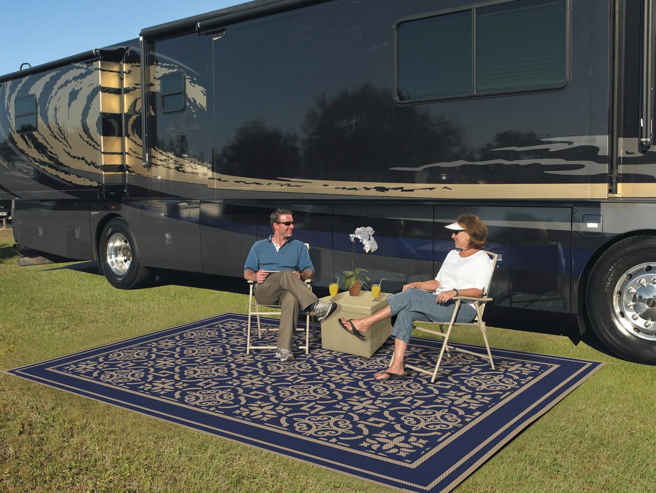 Patio Mats 9×12 Reversible RV Outdoor Patio Mat. Camping Mat. Interlocked Squares. Blue