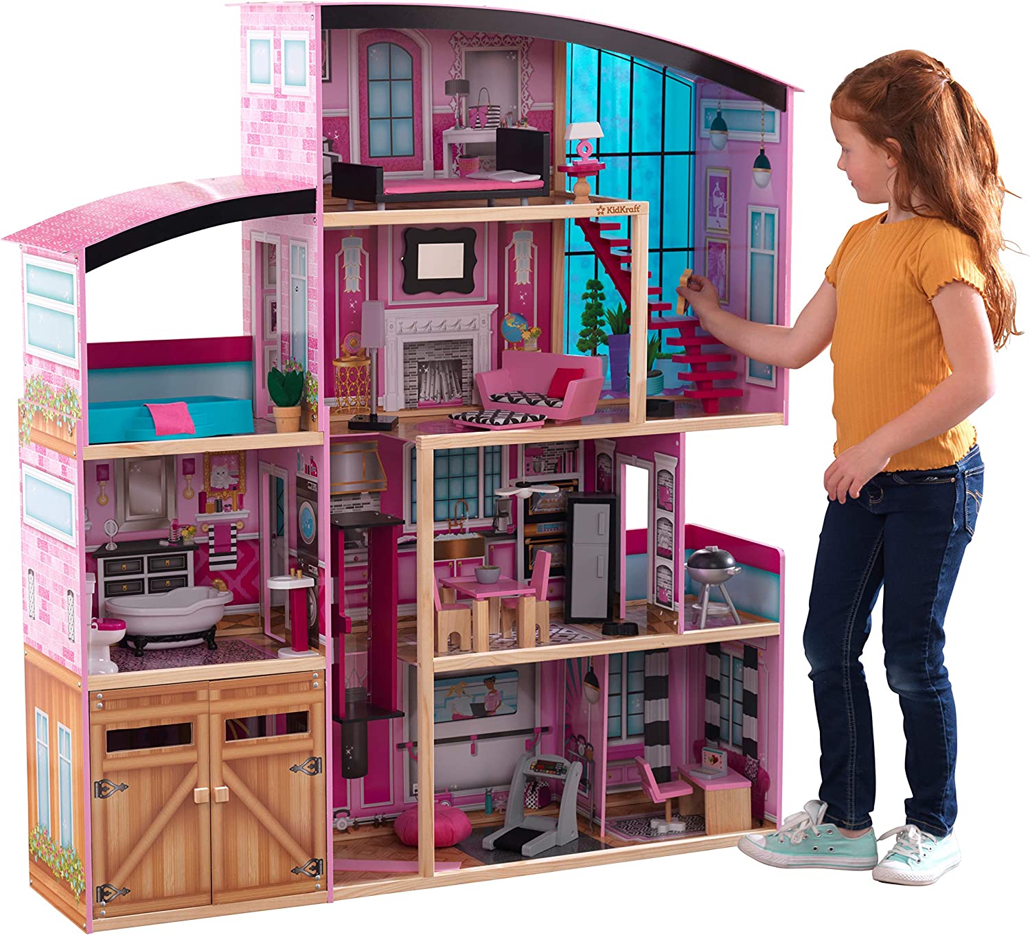 KidKraft Shimmer Mansion Wooden Dollhouse for 12-Inch Dolls with Lights & Sounds and 30-Piece Accessories. Gift for Ages 3+ . Pink