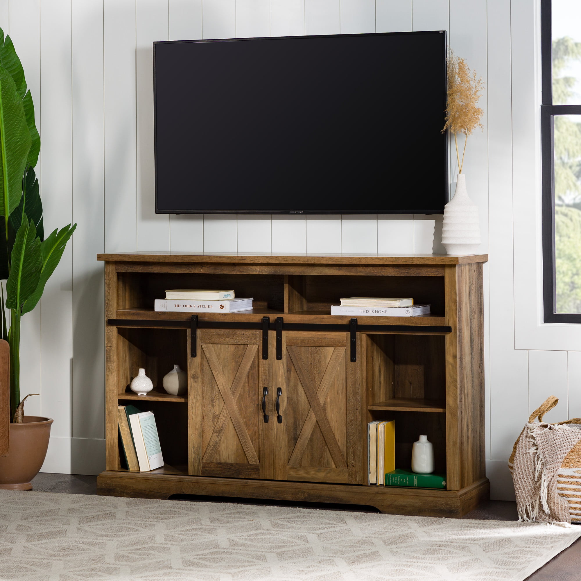 Woven Paths Farmhouse Barn Door TV Stand for TVs up to 58″. Reclaimed Barnwood