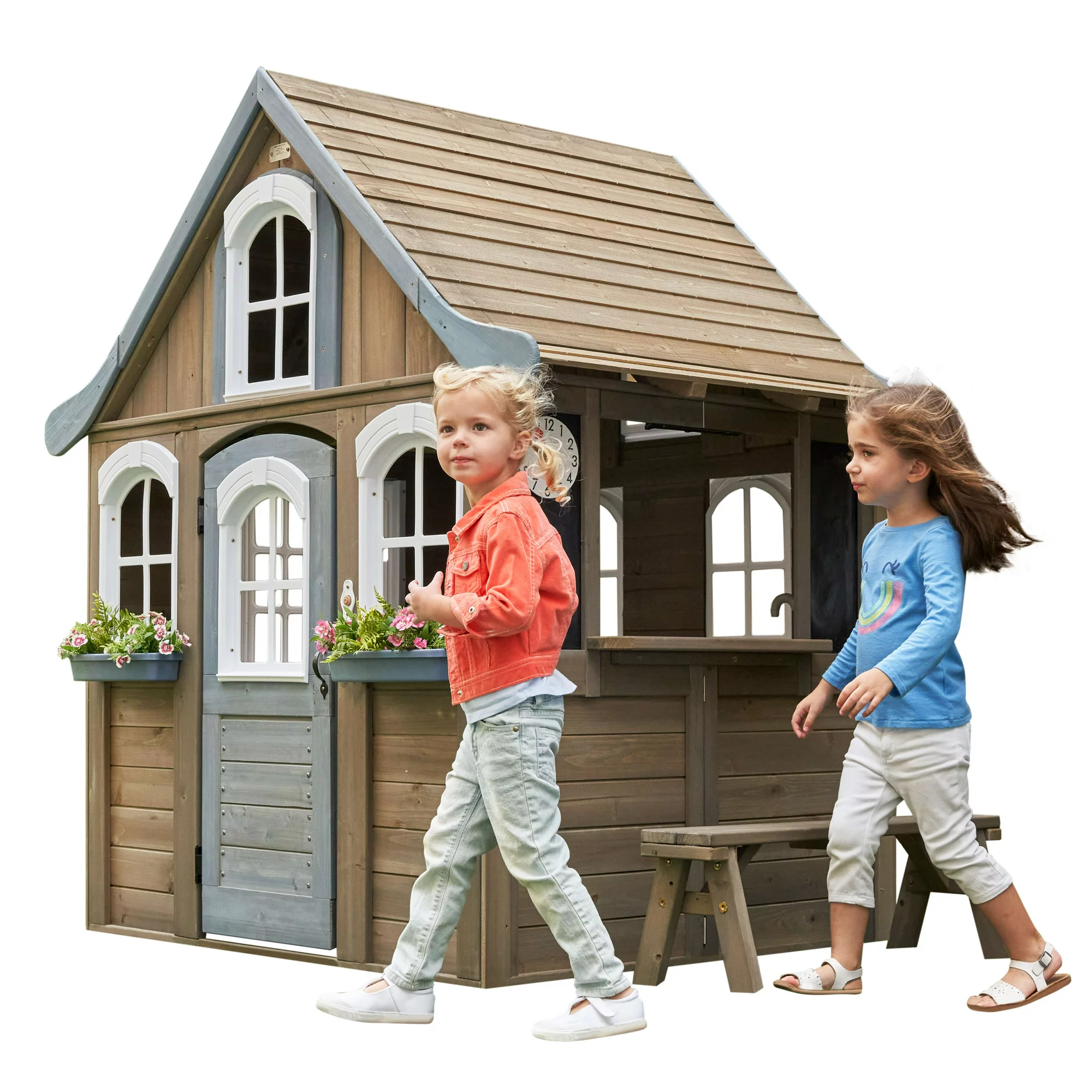 KidKraft Forestview II Wooden Outdoor Playhouse with Ringing Doorbell. Bench and Kitchen