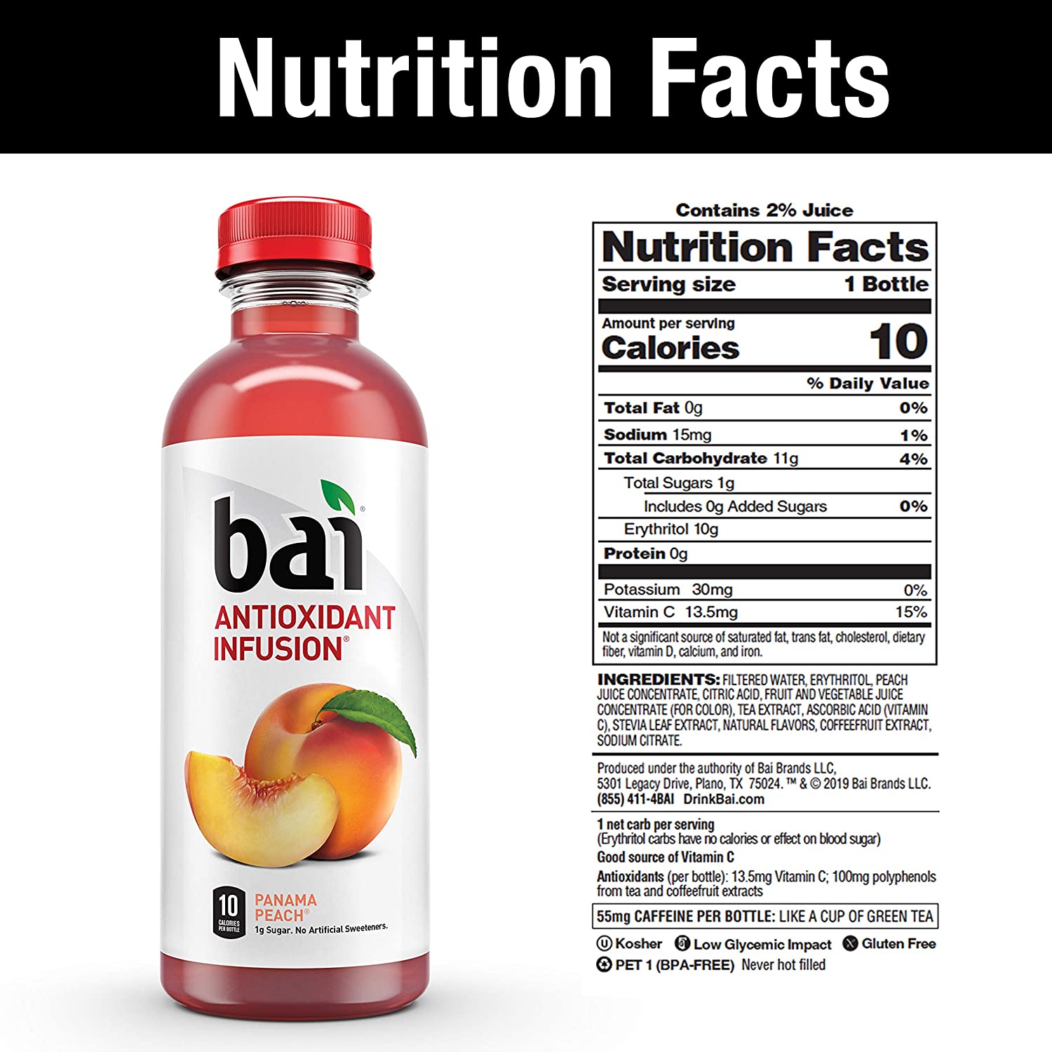 Bai. Panama Peach. Antioxidant Infused. 18 Ounce Bottles. 12 Pack