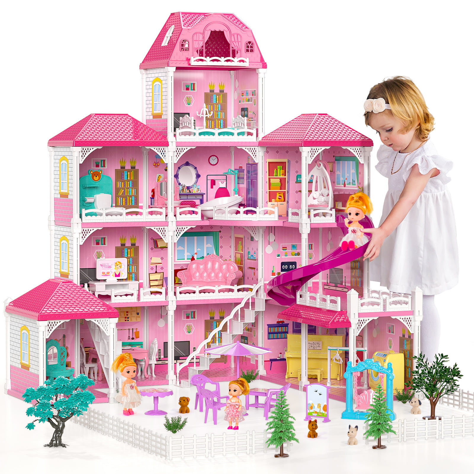 Pink Doll House Diy Kit Pretend Play Building Home Educational Toys for Girls Children Gifts (28.9″x22.8″x31.3″)