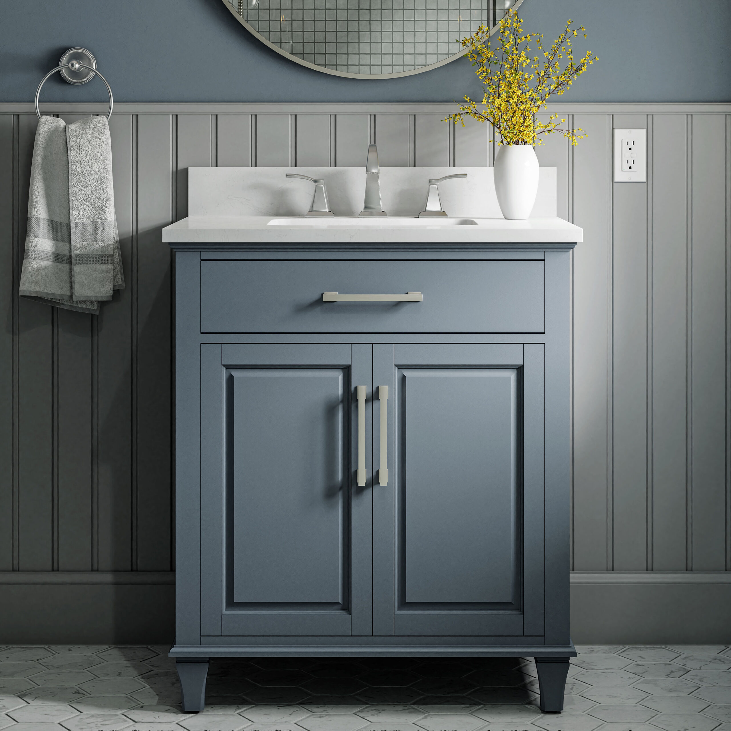 allen + roth Brookview 30-in Slate Blue Undermount Single Sink Bathroom Vanity with Carrara Engineered Marble Top