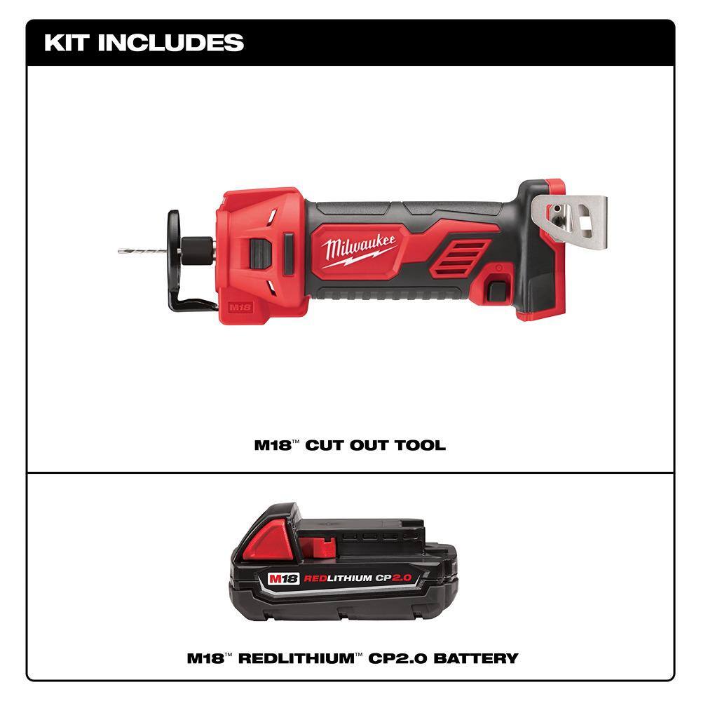 Milwaukee 2627-20-48-11-1820 M18 18V Lithium-Ion Cordless Drywall Cut Out Rotary Tool w/2.0ah Battery