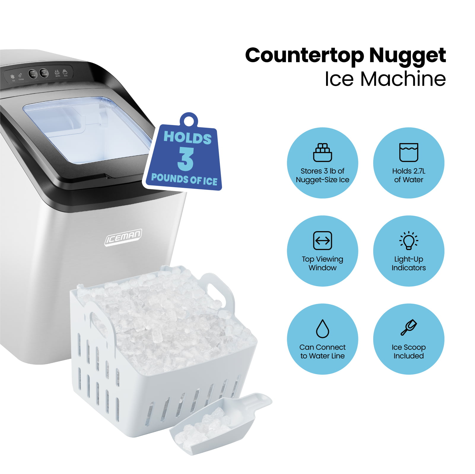 Iceman Countertop Nugget Ice Machine. Waterline Compatible. Holds 3 lb. of Ice. Stainless-Steel