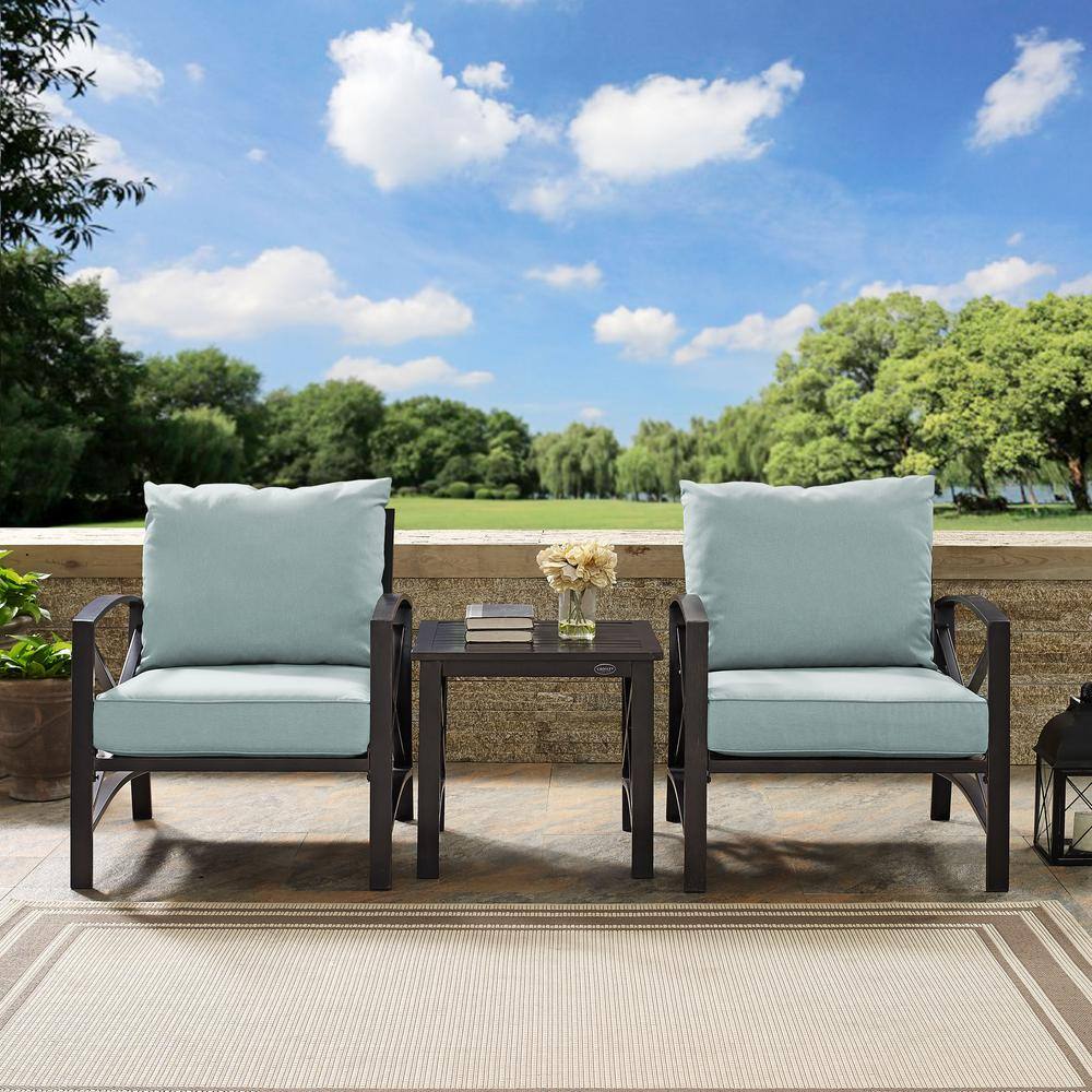 CROSLEY FURNITURE  Kaplan 3-Piece Metal Outdoor Seating Set with Mist Cushions - 2 Chairs. Side Table